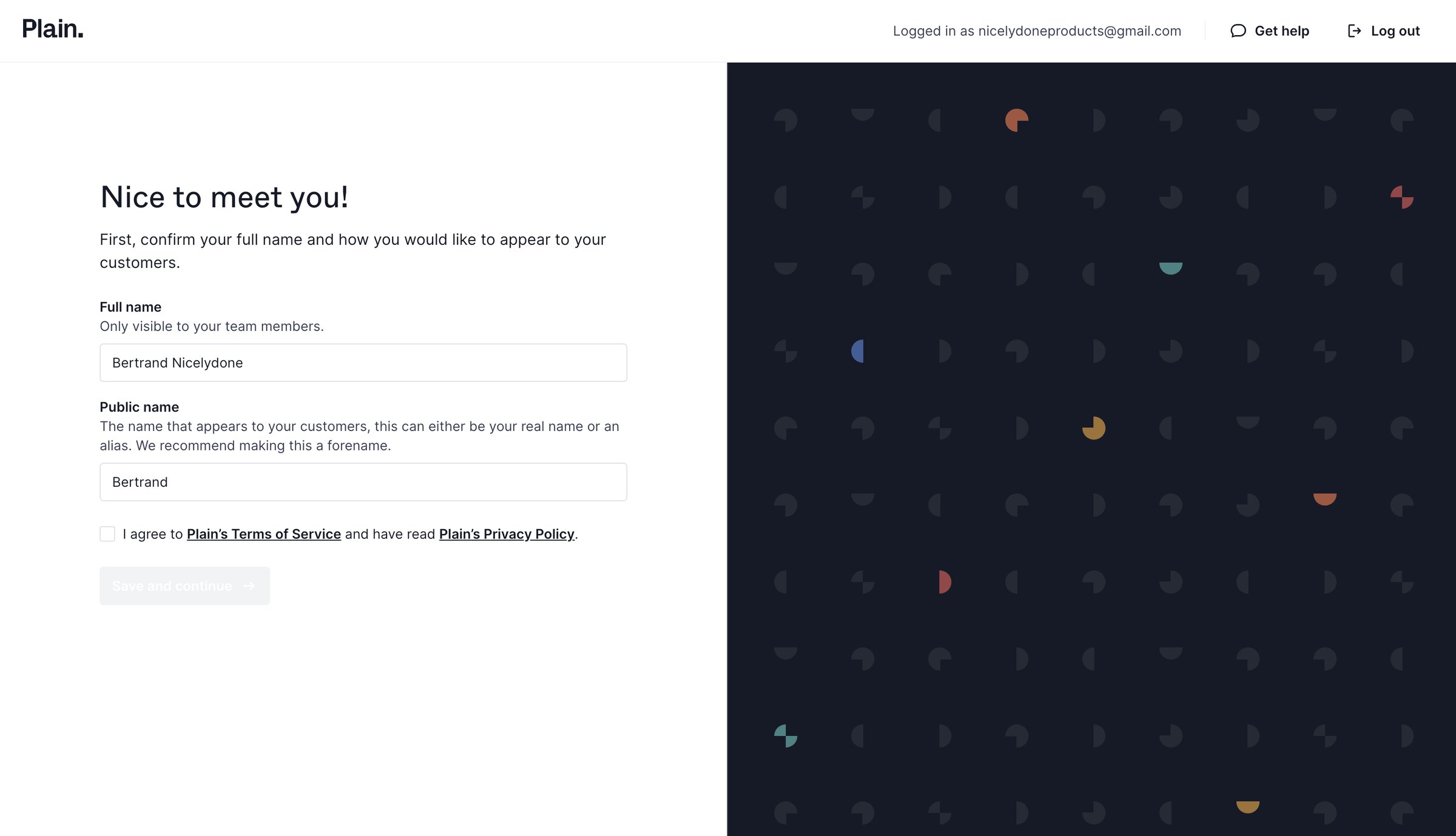 Plain - Set up user account - Plain screen