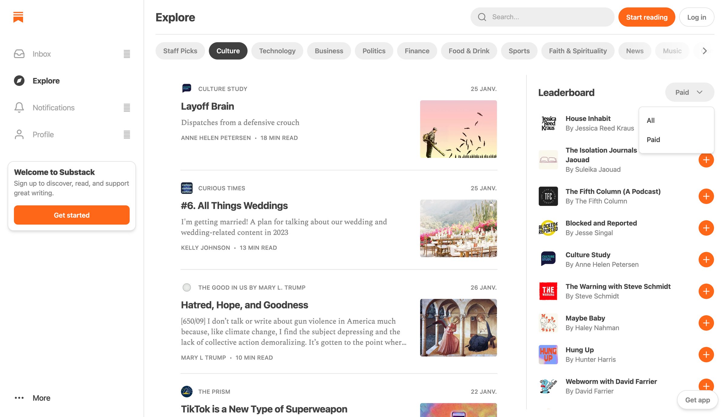 Substack - Explore Newsletters | Substack screen