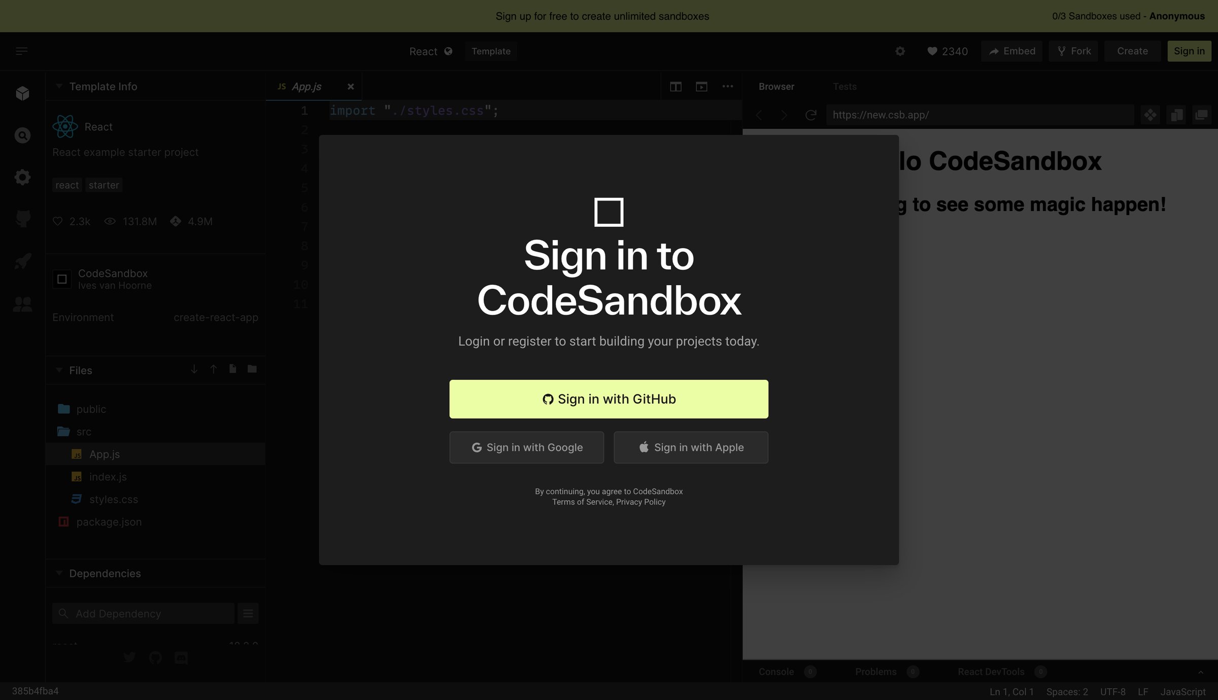 CodeSandbox - React - CodeSandbox screen