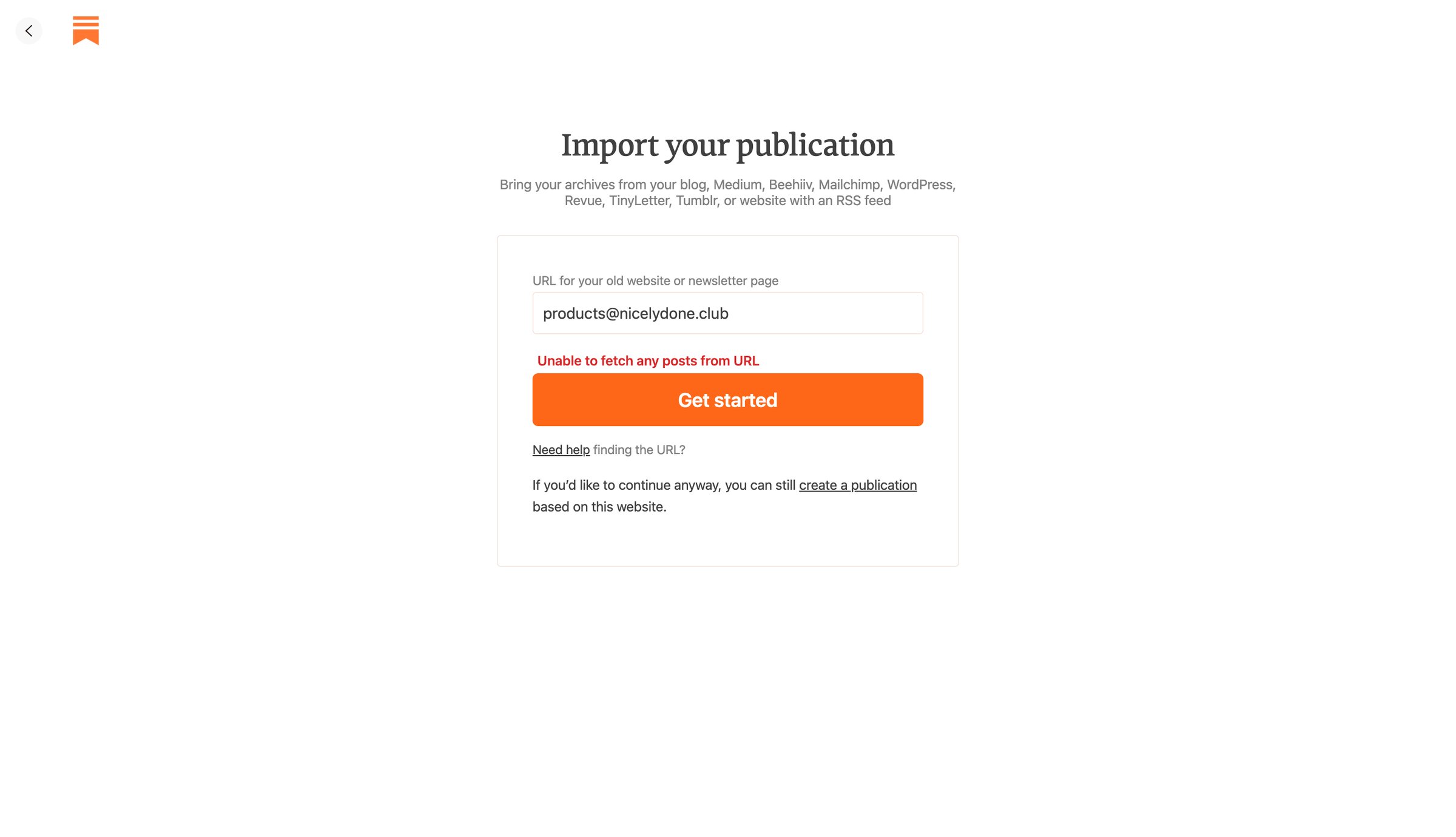Substack - Import your publication screen