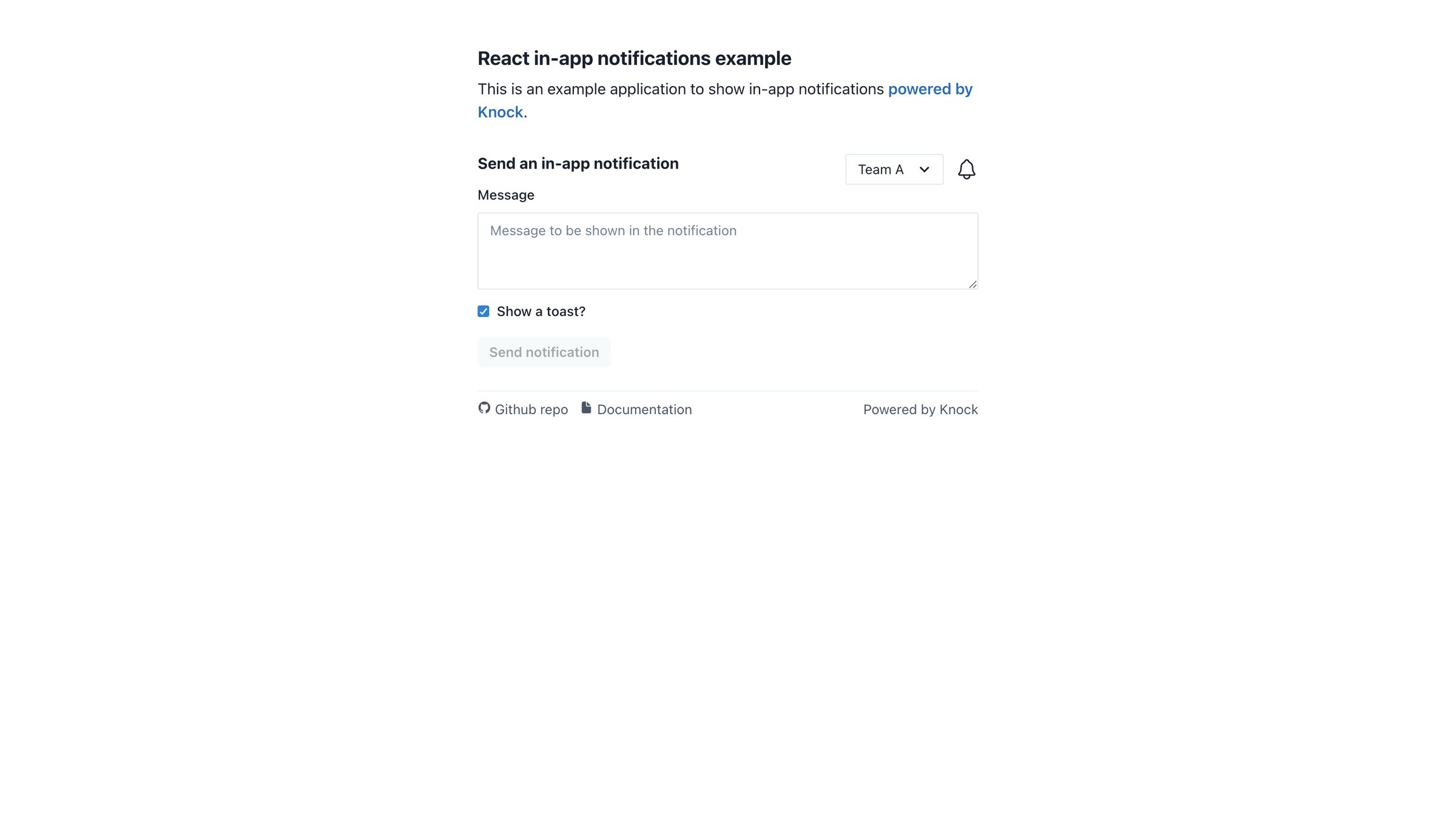 Knock - React in-app notifications example | Powered by Knock screen