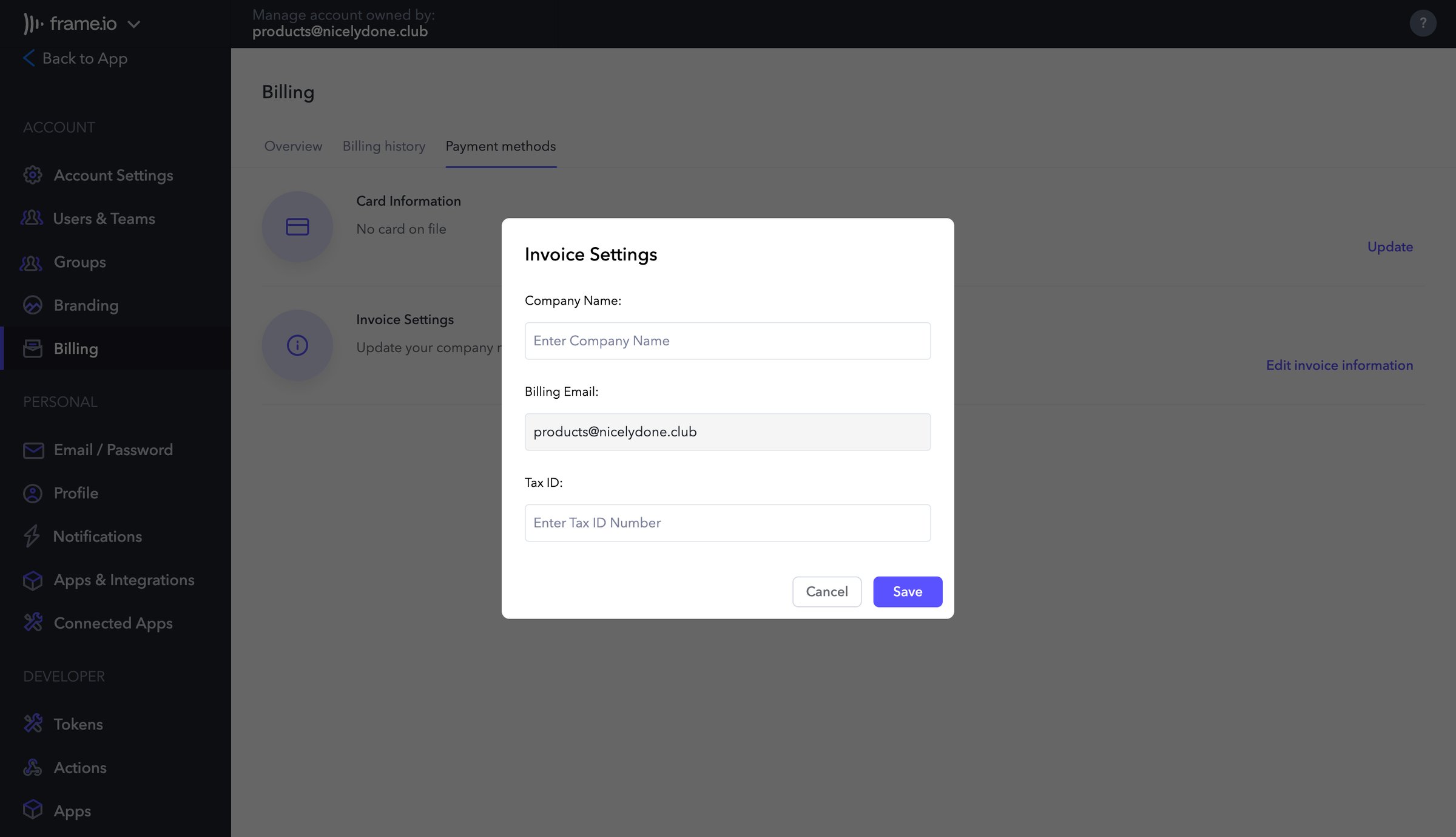 Frame.io - Manage Account - Frame.io screen