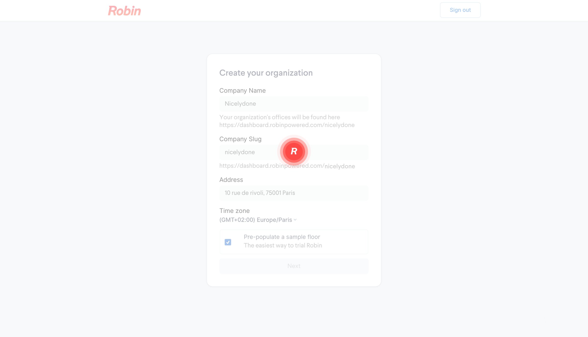 Robin - Create an organization - Robin screen
