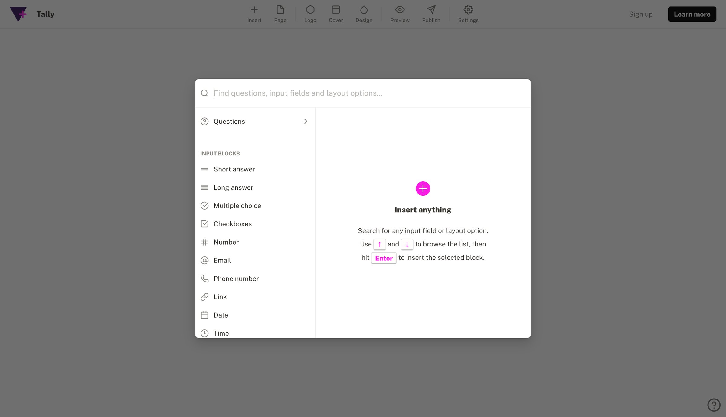 Tally - Create form - Tally screen