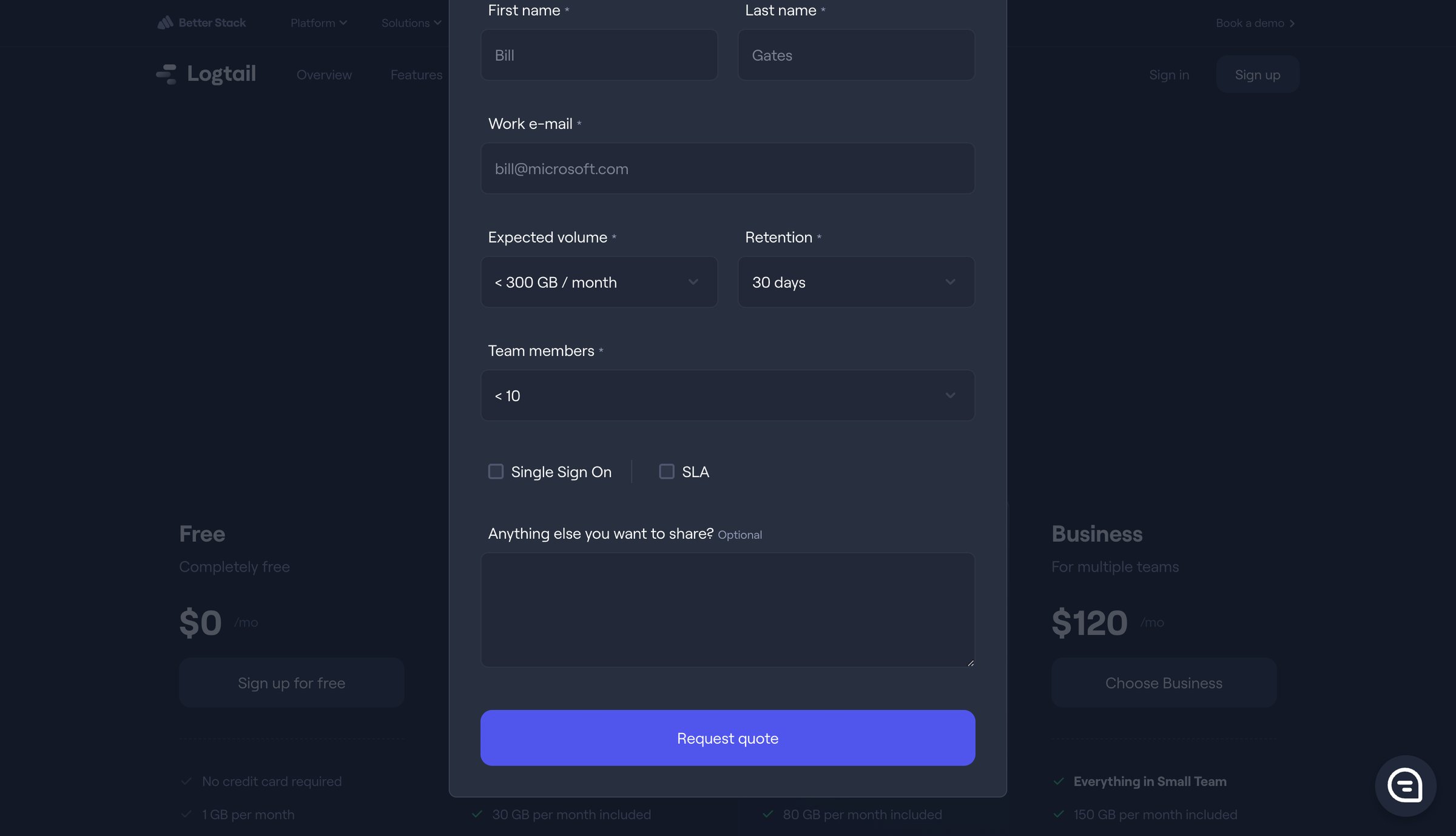 Better Stack - Pricing | Logtail screen