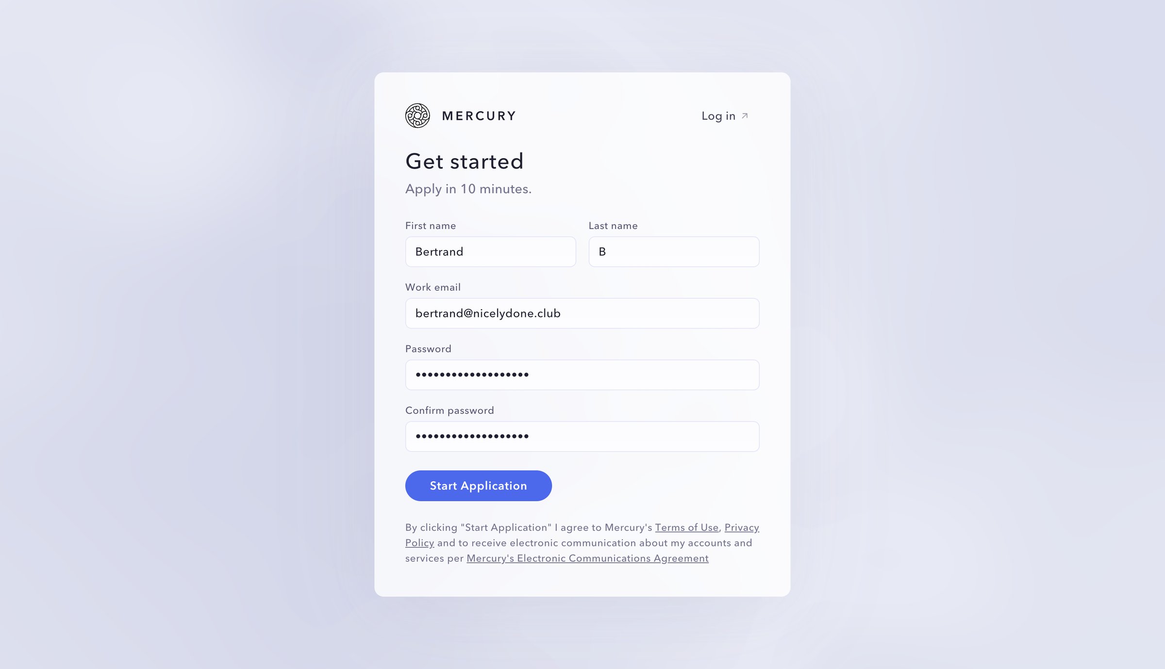 Mercury - Sign Up | Get Started Mercury screen