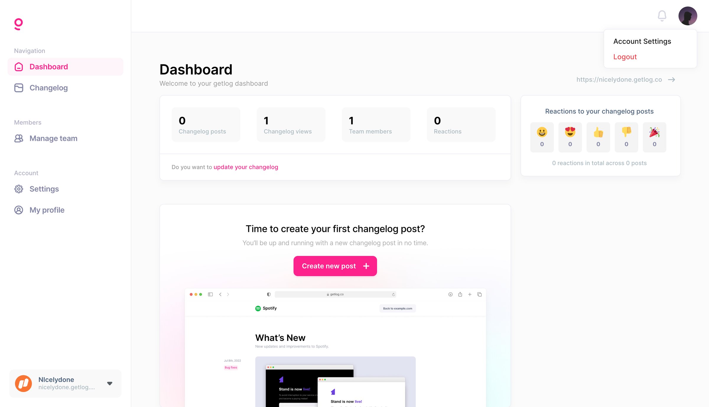 Getlog - Getlog - Dashboard screen