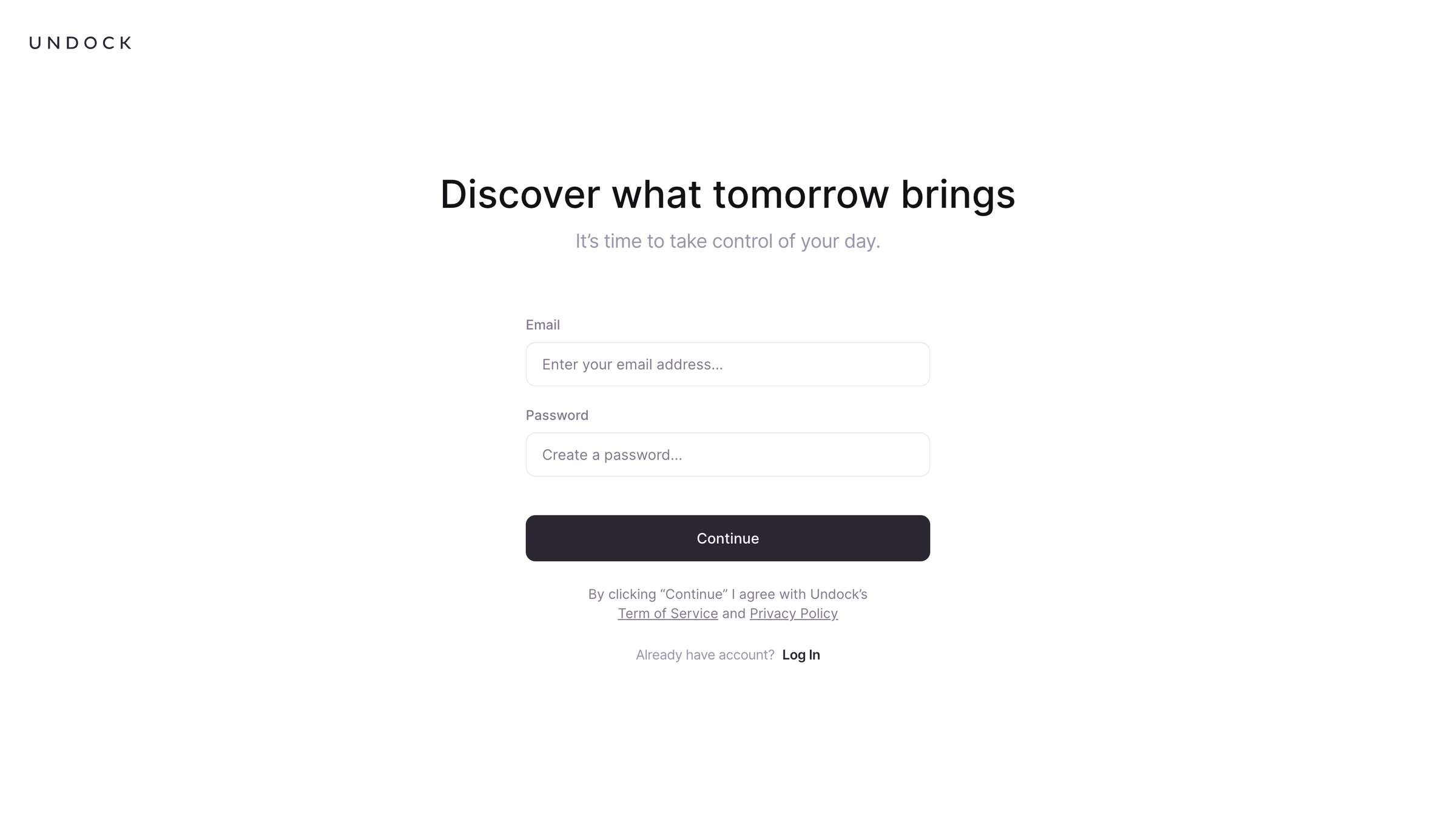 Undock - Sign Up | Undock screen
