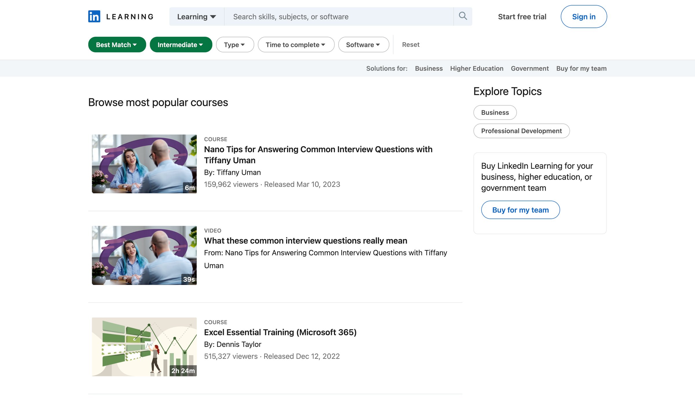 Linkedin - Online Courses, Training and Tutorials on LinkedIn Learning screen