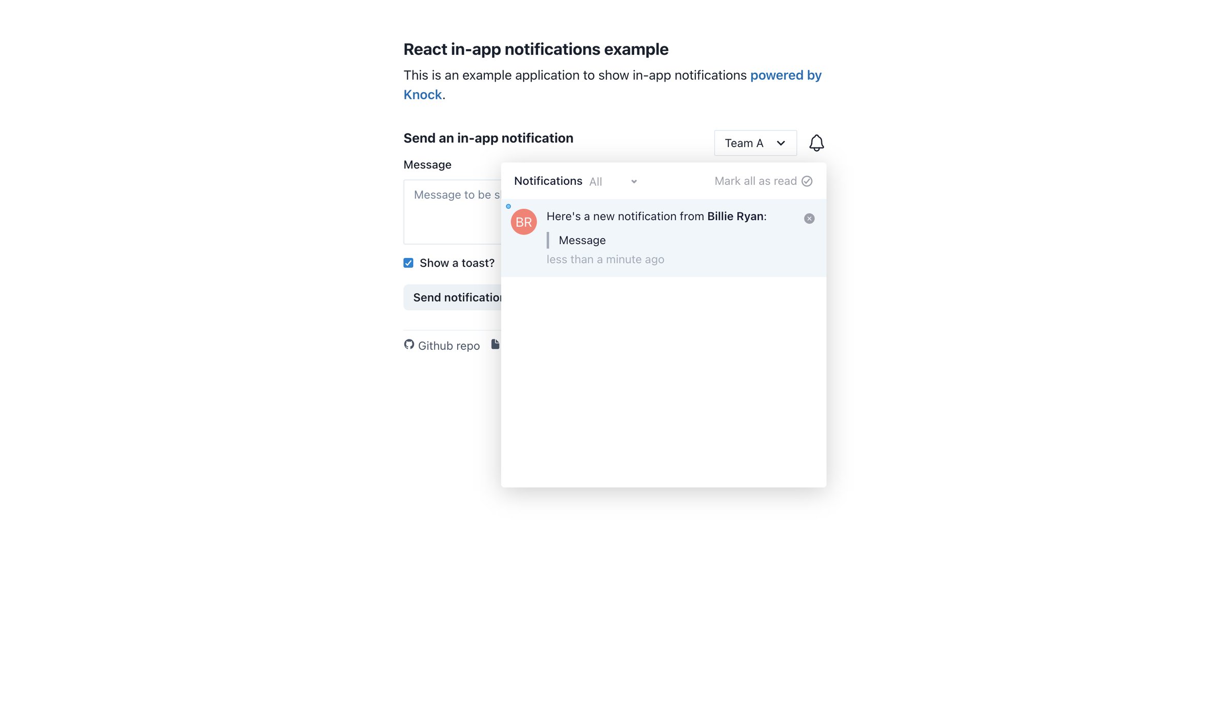 Knock - React in-app notifications example | Powered by Knock screen