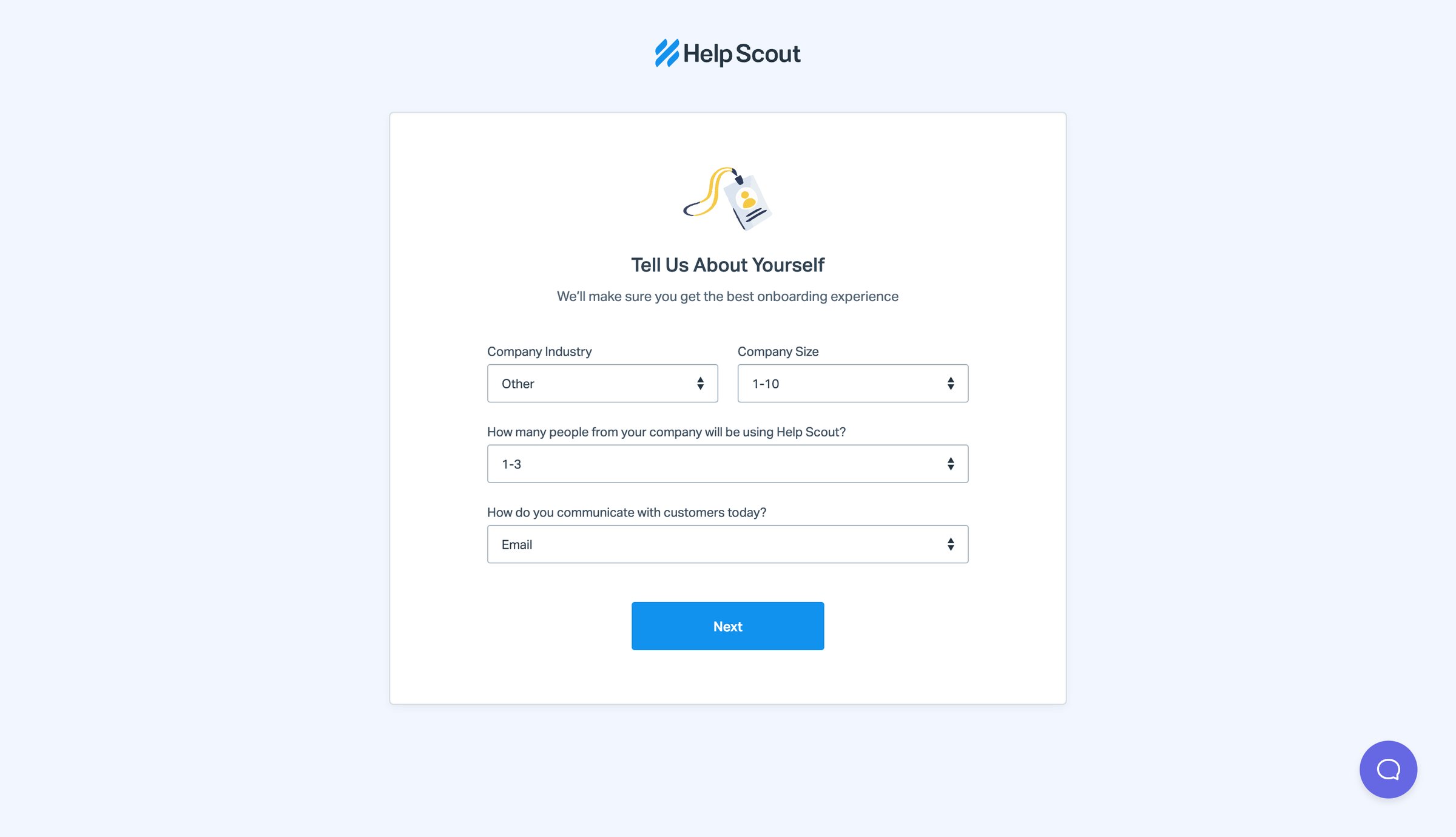 Help Scout - Tell Us About Yourself screen