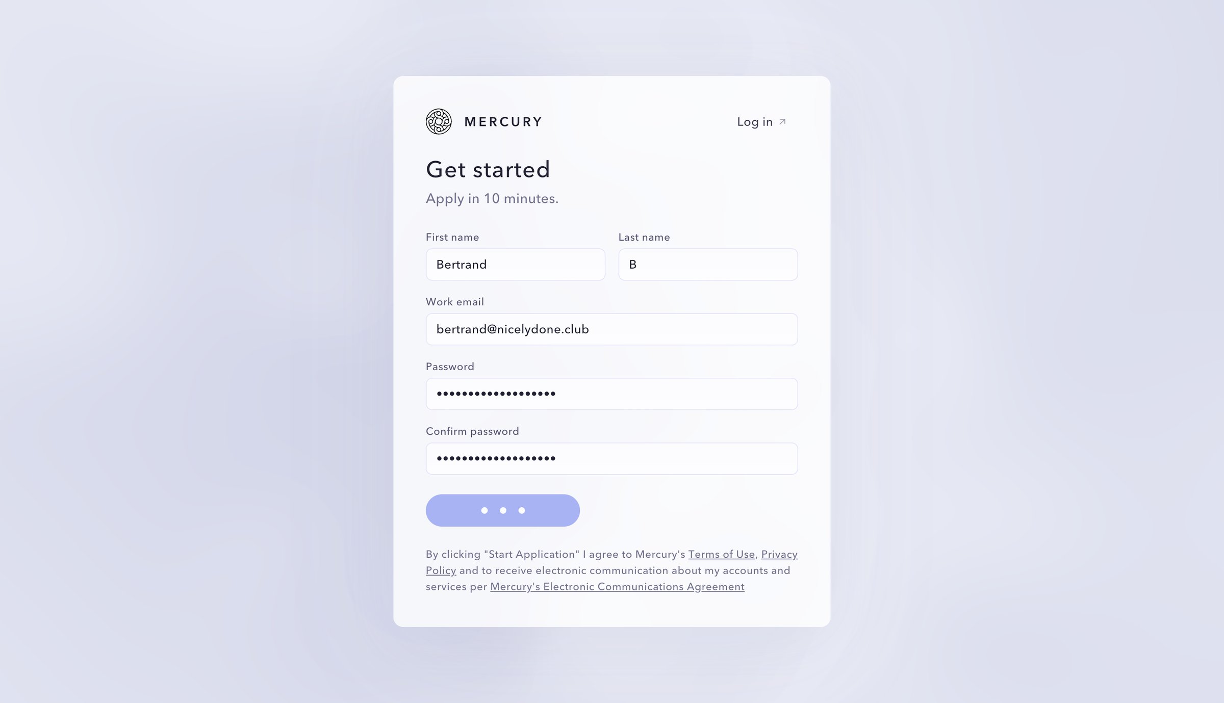 Mercury - Sign Up | Get Started Mercury screen