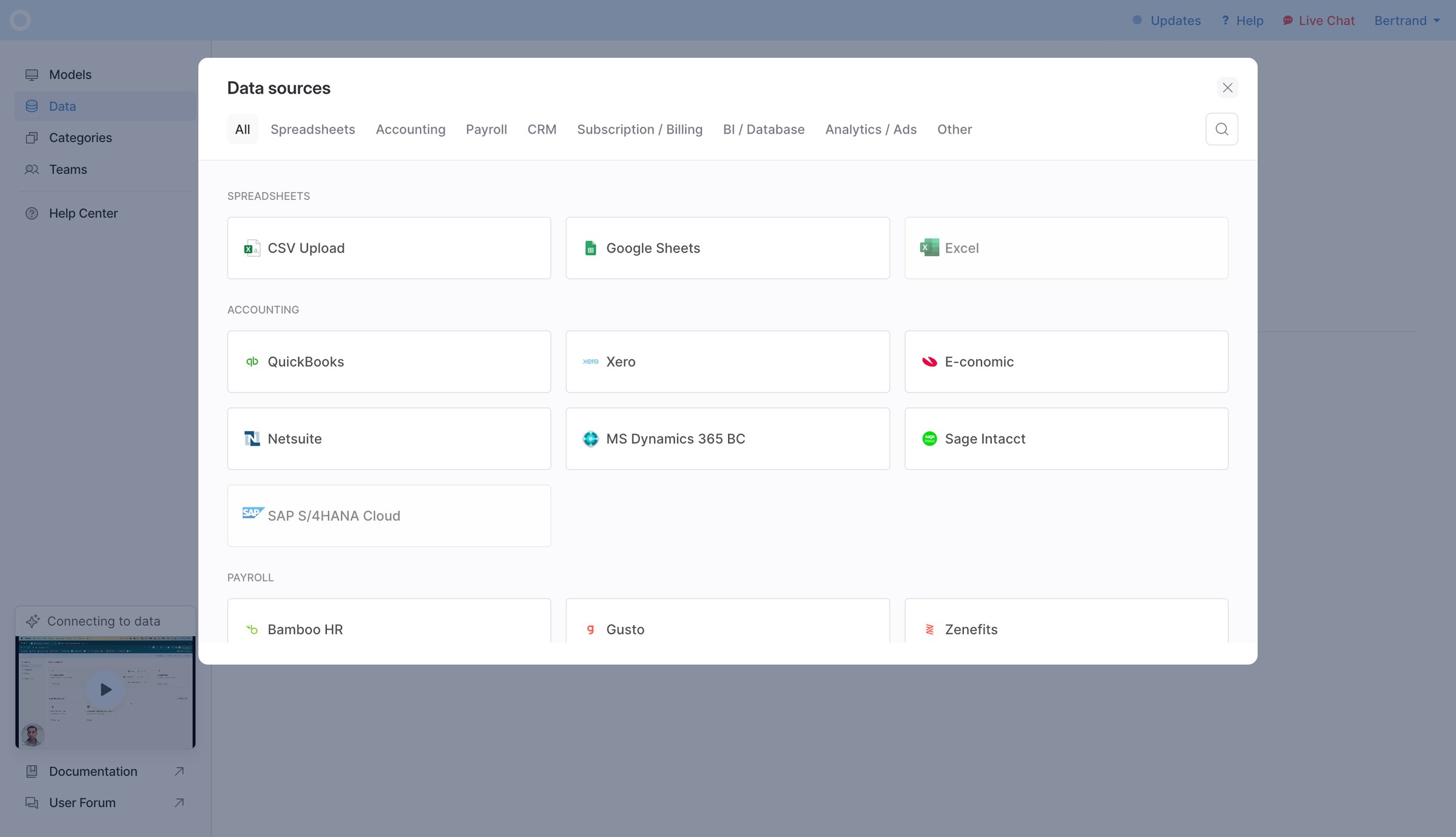 Causal - Data Sources - Causal screen