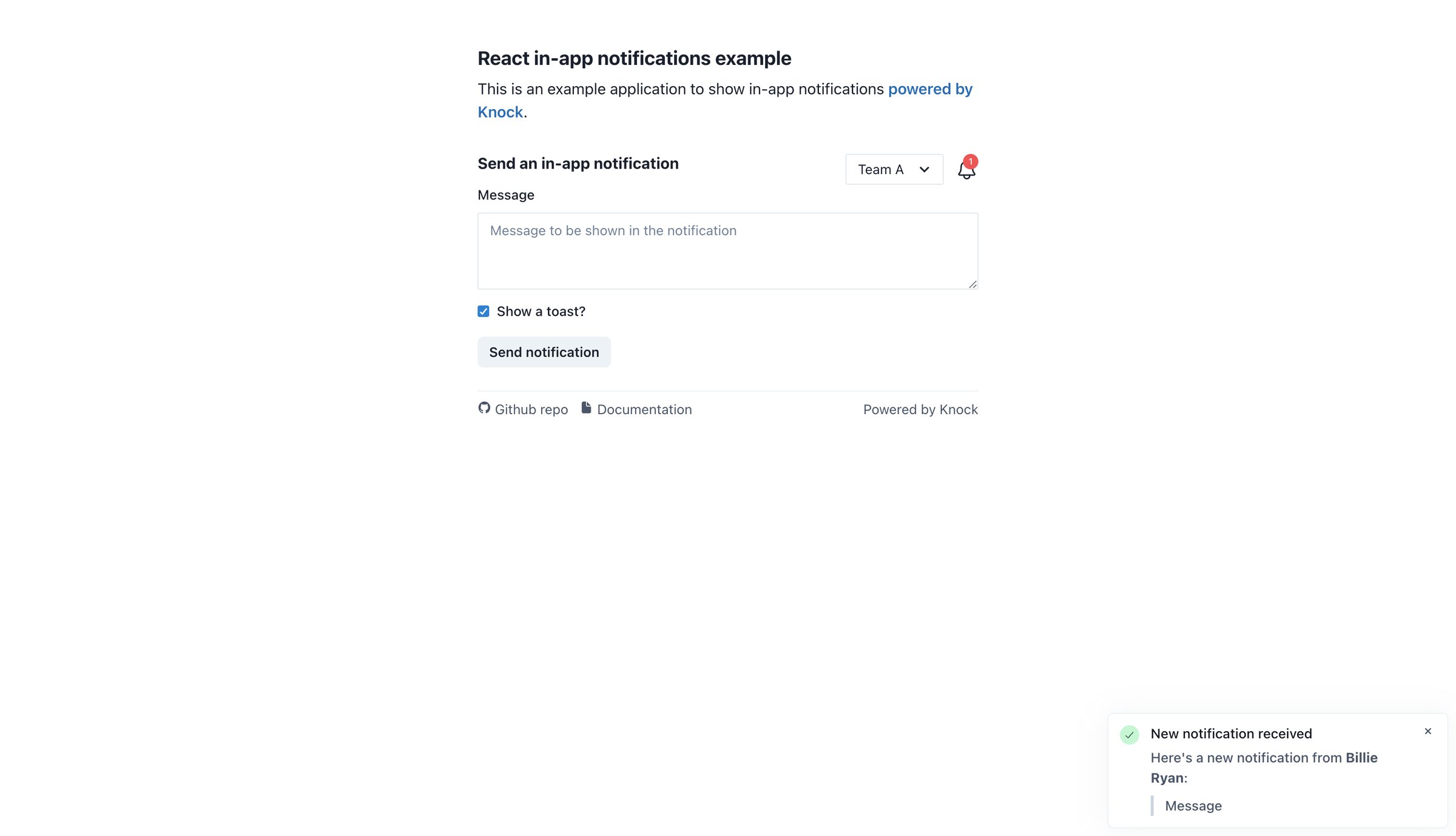 Knock - React in-app notifications example | Powered by Knock screen