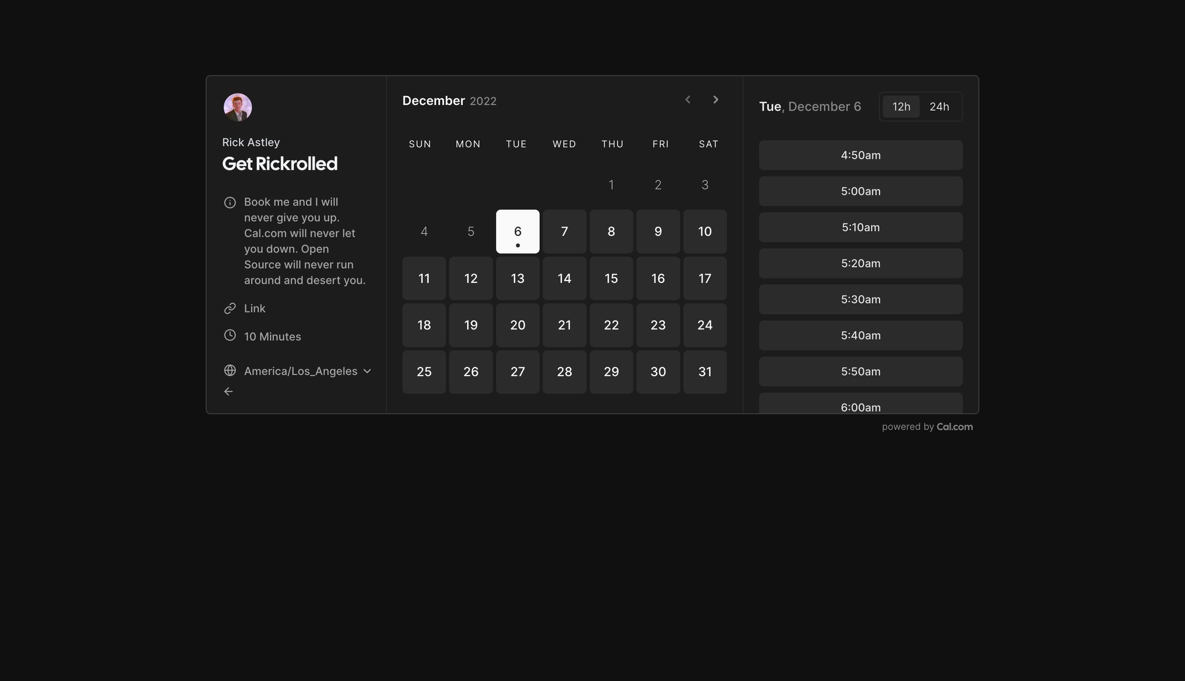 Cal.com - Get Rickrolled | Rick Astley Cal.com screen