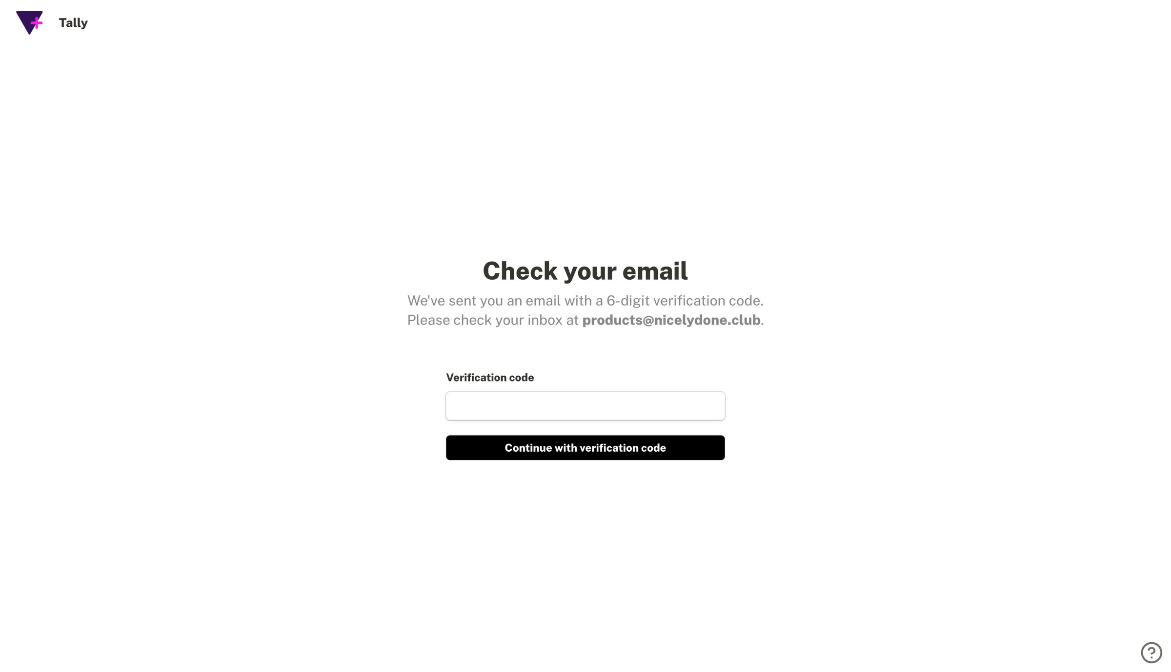 Tally - Confirm email - Tally screen