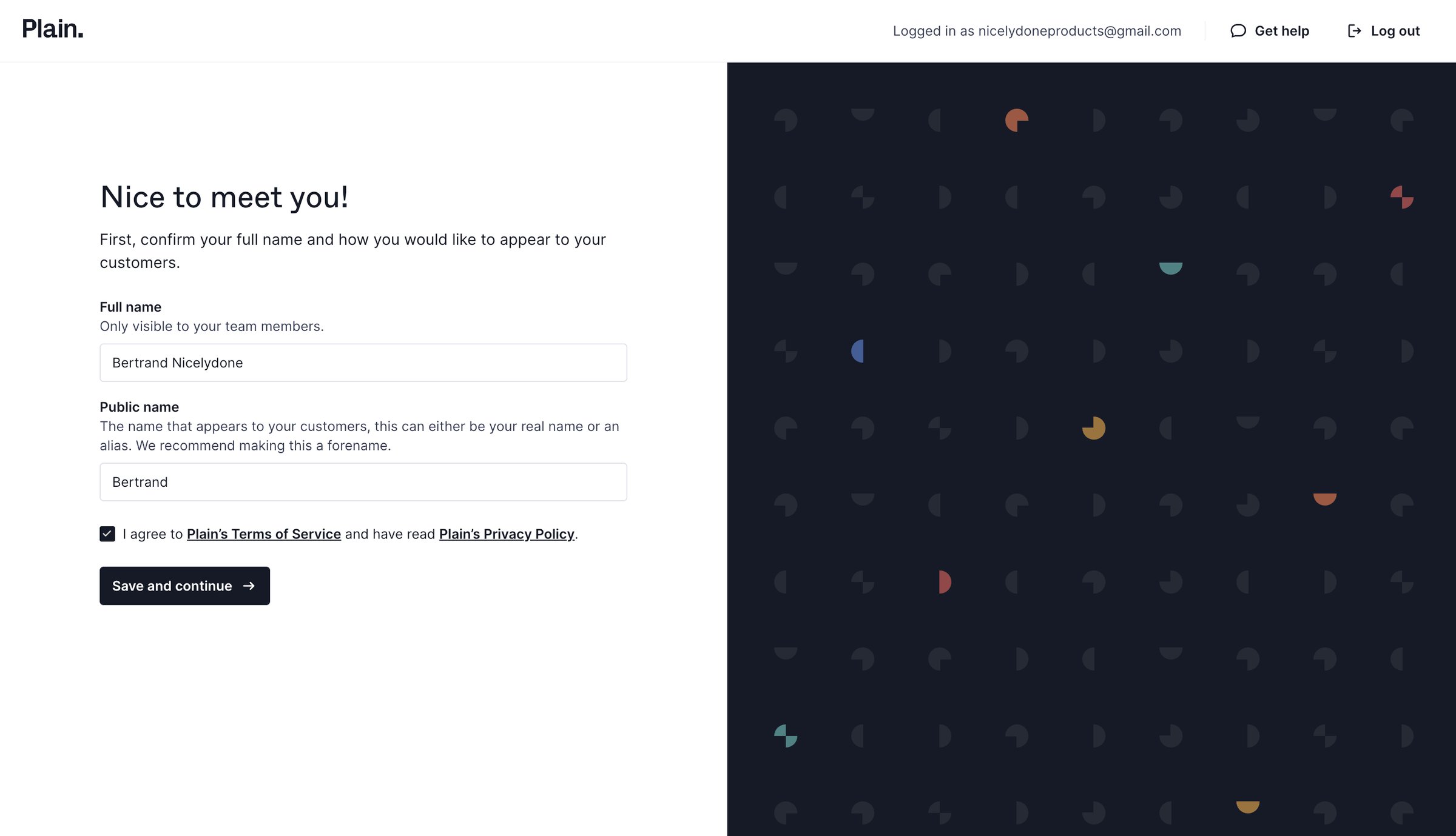 Plain - Set up user account - Plain screen