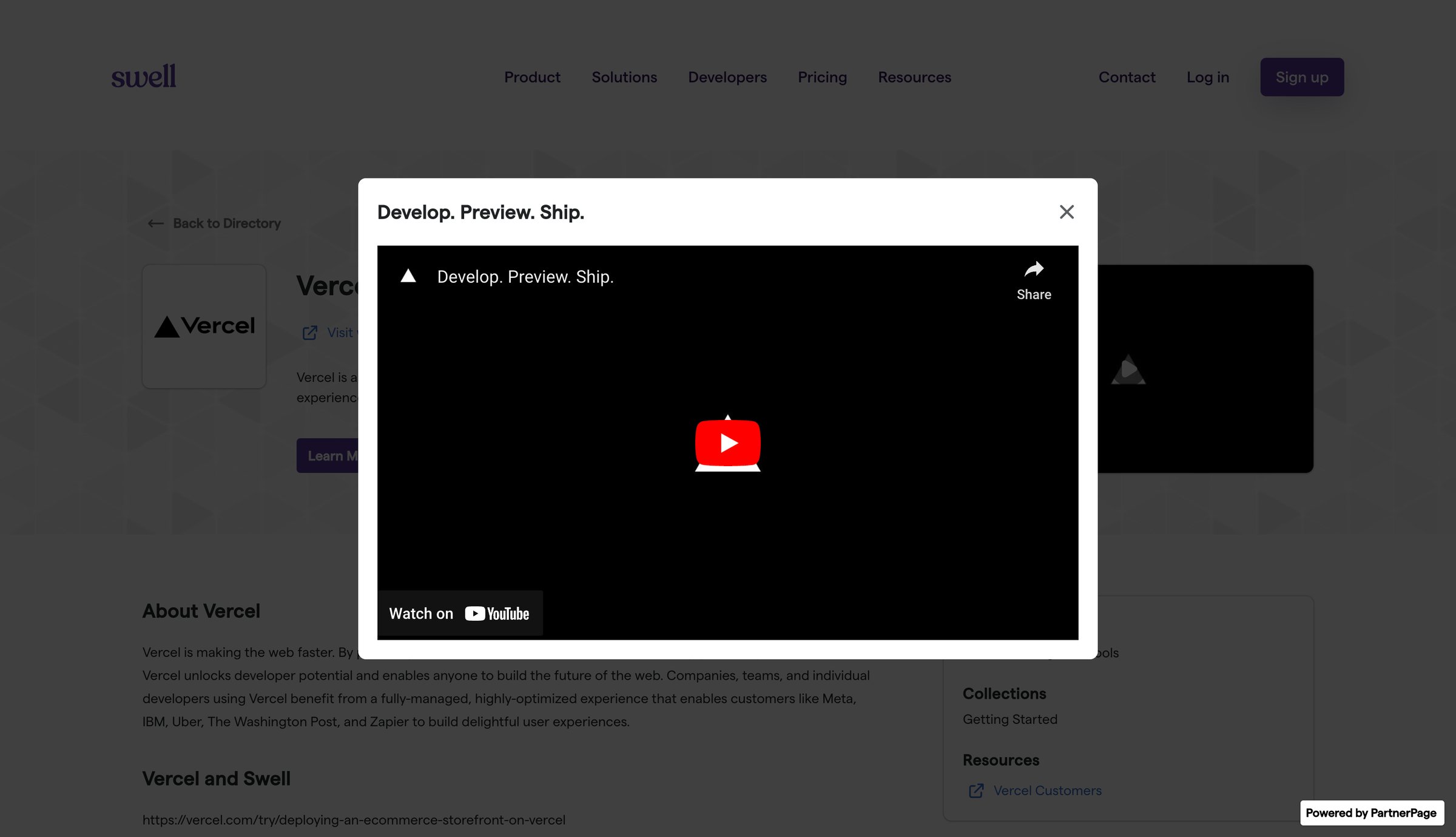 Swell - Vercel - Swell Technology Partner Directory screen