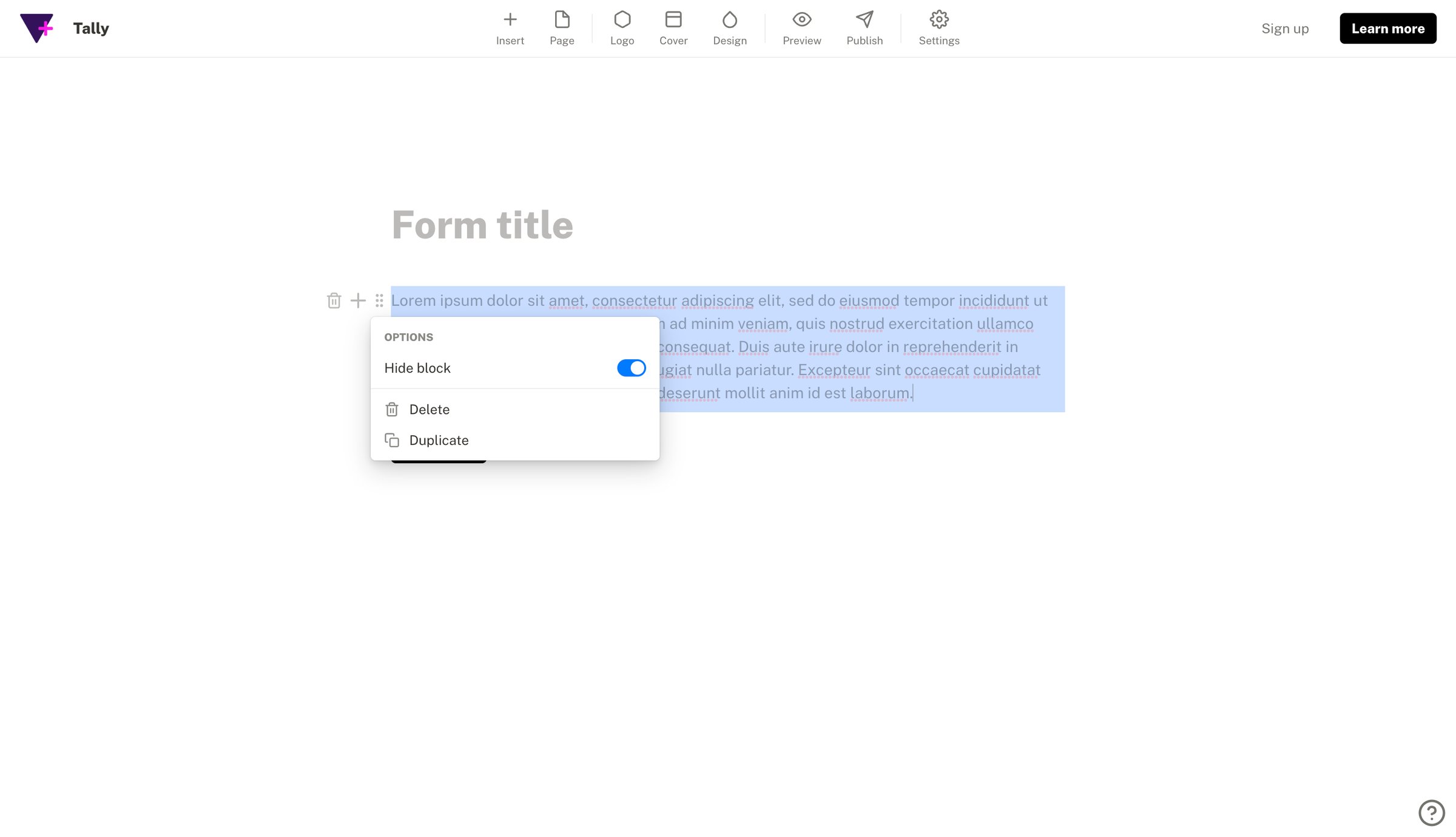 Tally - Create form - Tally screen