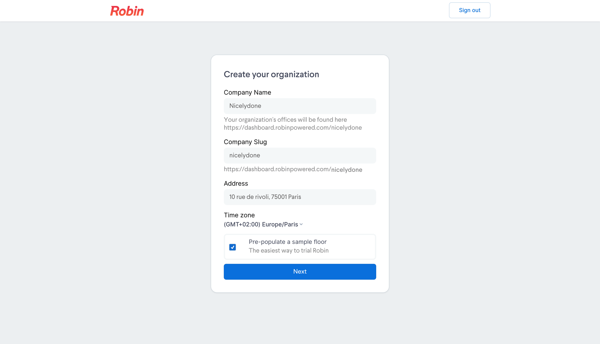 Robin - Create an organization - Robin screen