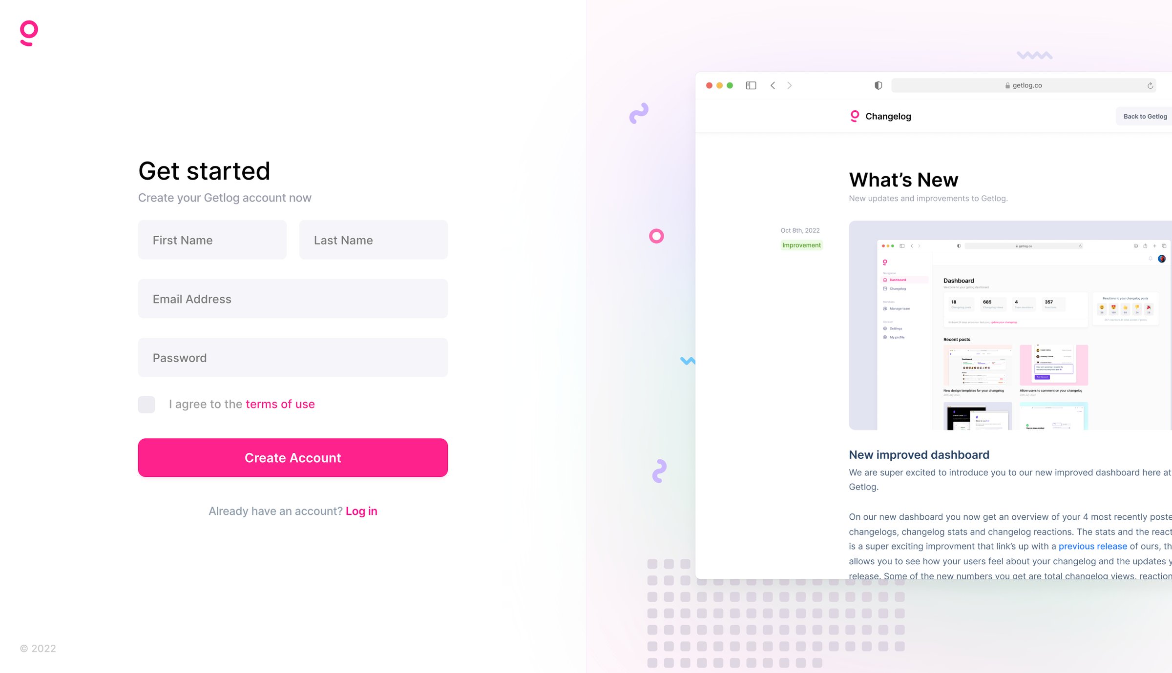 Getlog - Getlog - Create your Getlog account screen