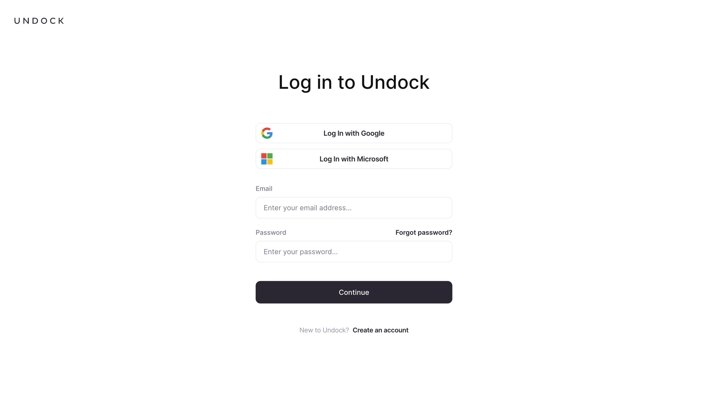 Undock - Login | Undock screen