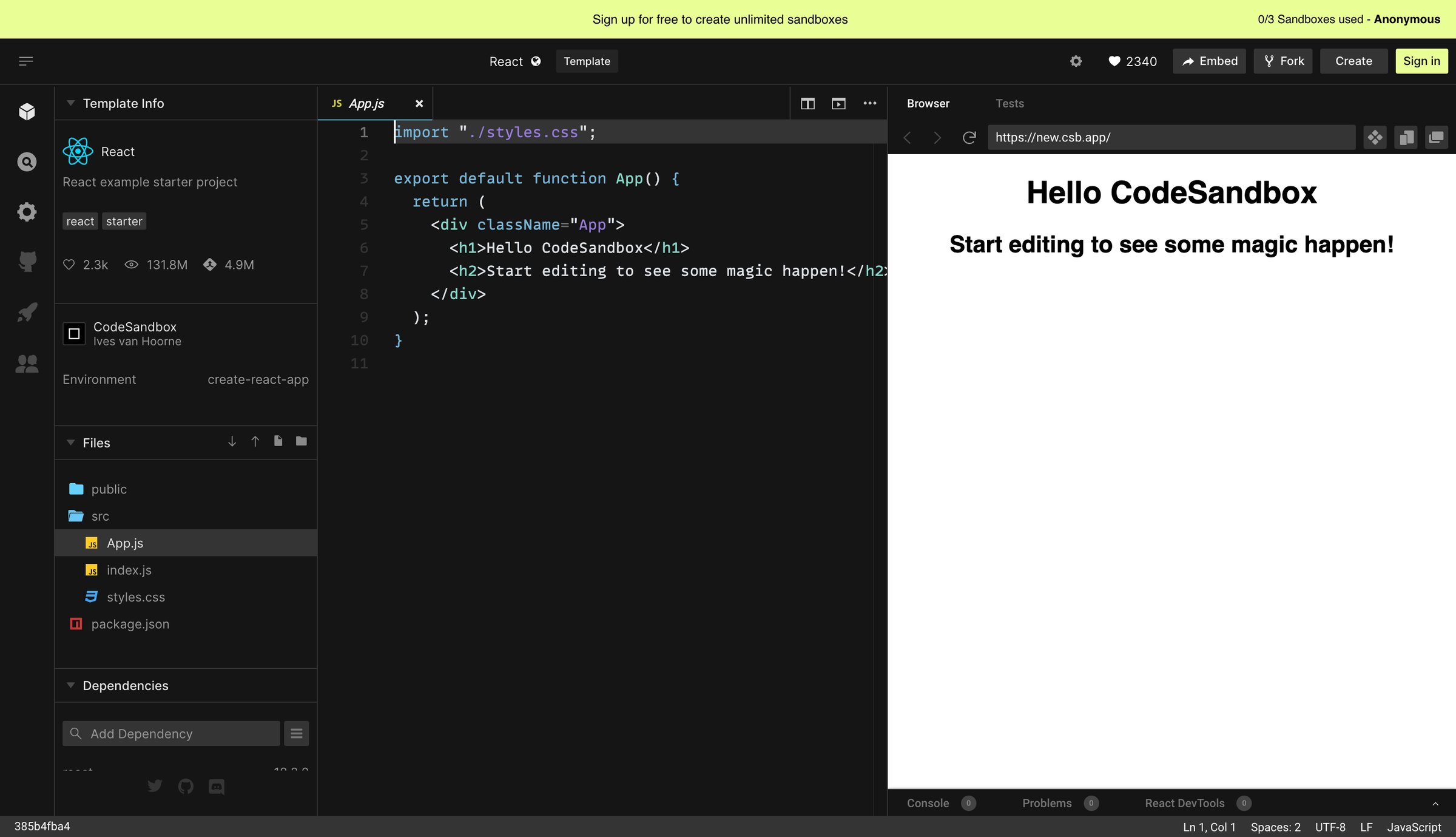 CodeSandbox - React - CodeSandbox screen