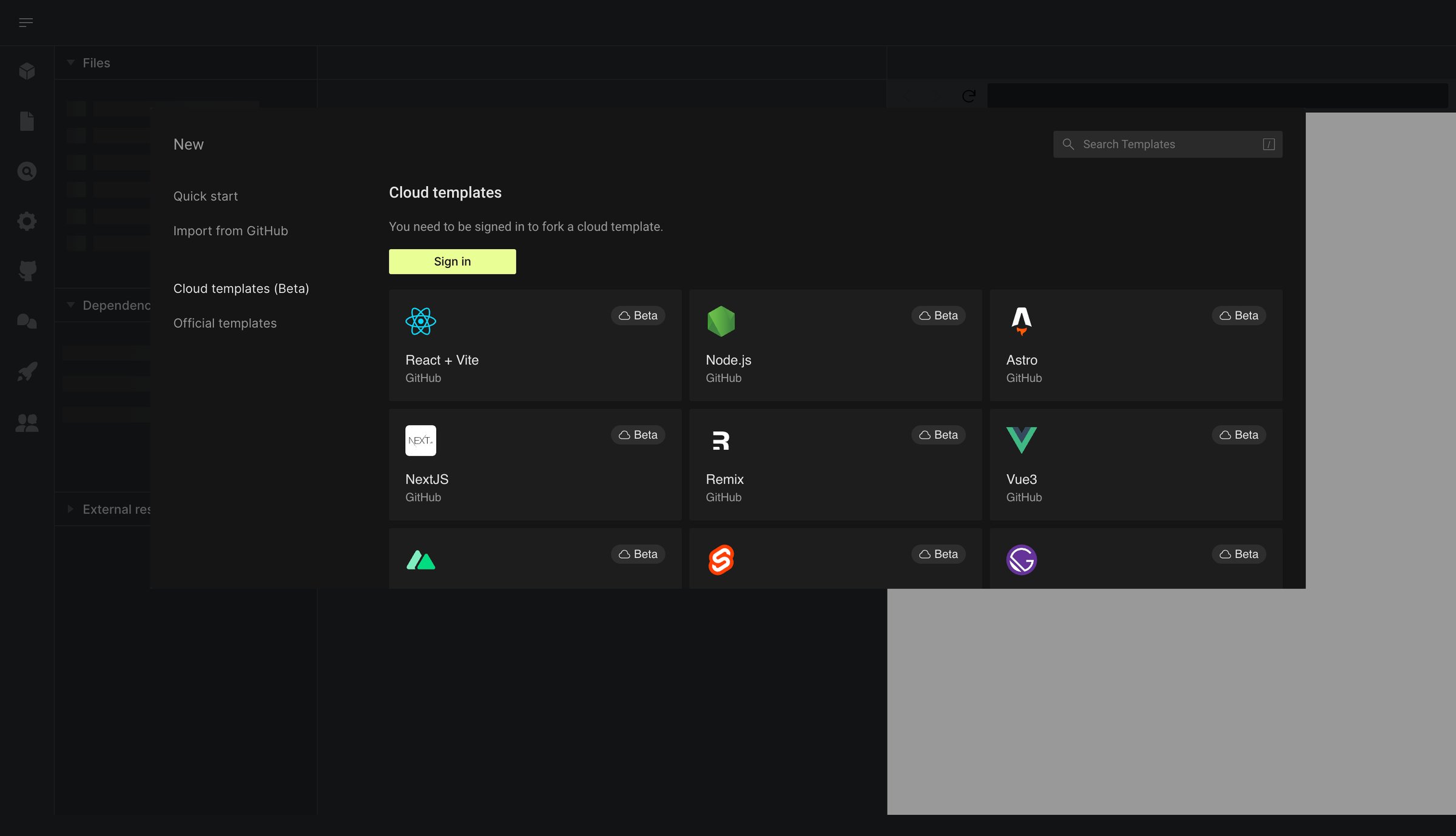CodeSandbox - Create a new Sandbox - CodeSandbox screen