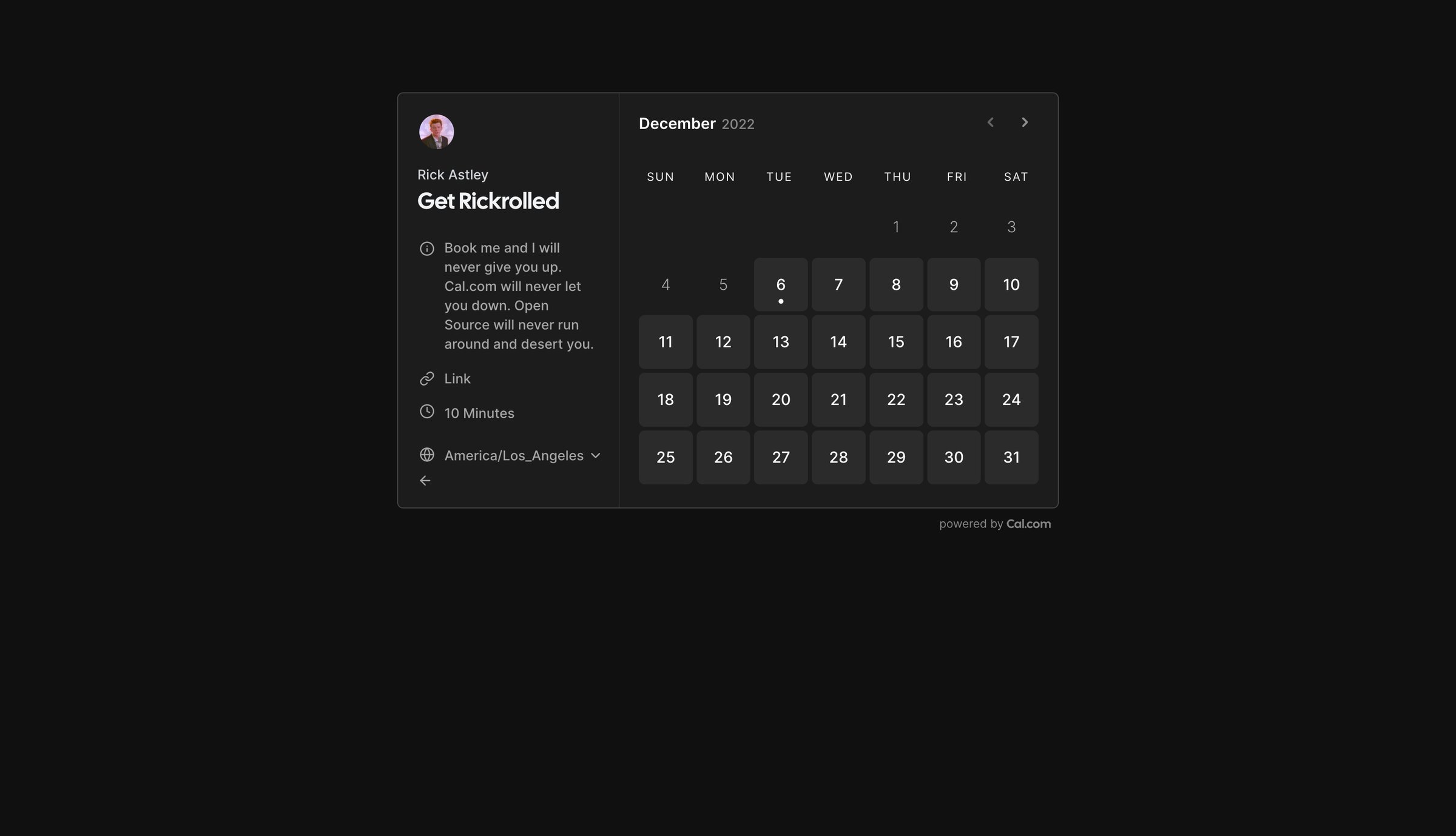 Cal.com - Get Rickrolled | Rick Astley Cal.com screen