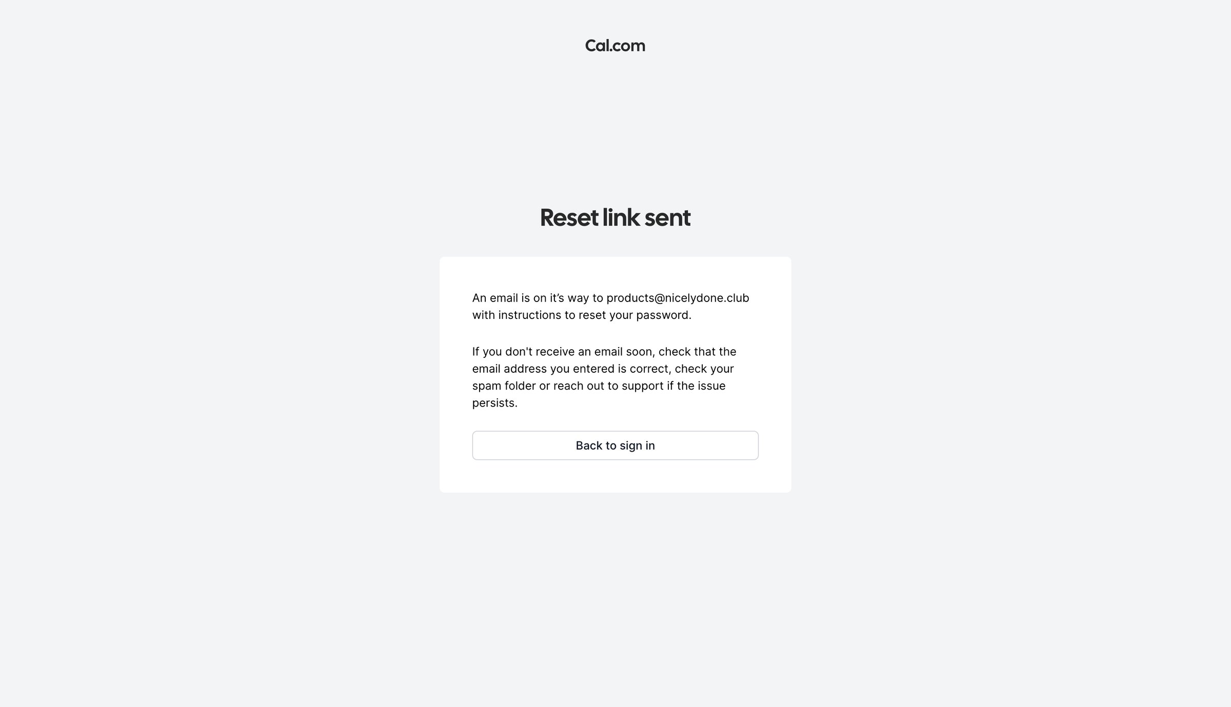 Cal.com - Reset link sent | Cal.com screen