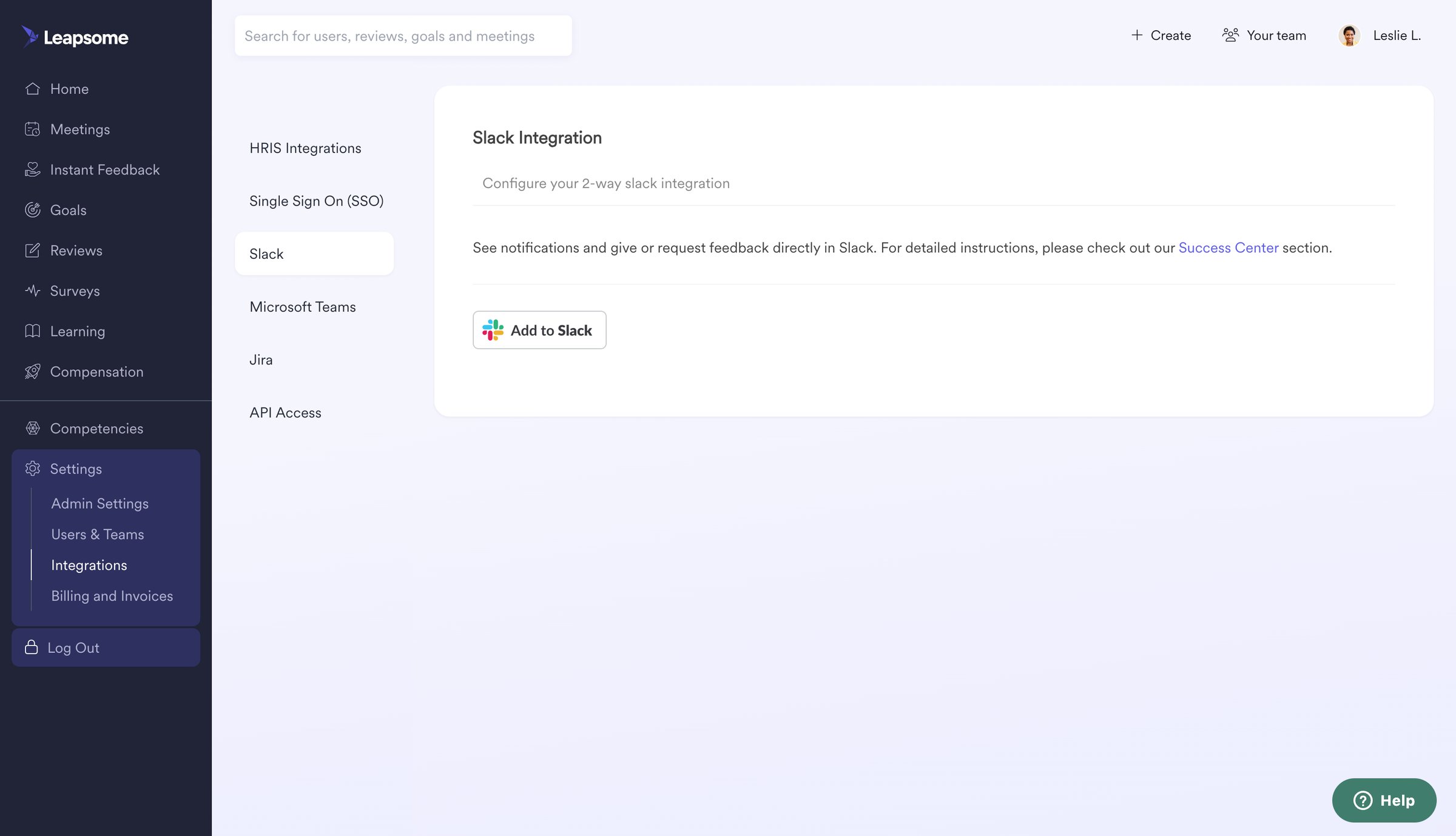 Leapsome - Settings | Integrations Leapsome screen