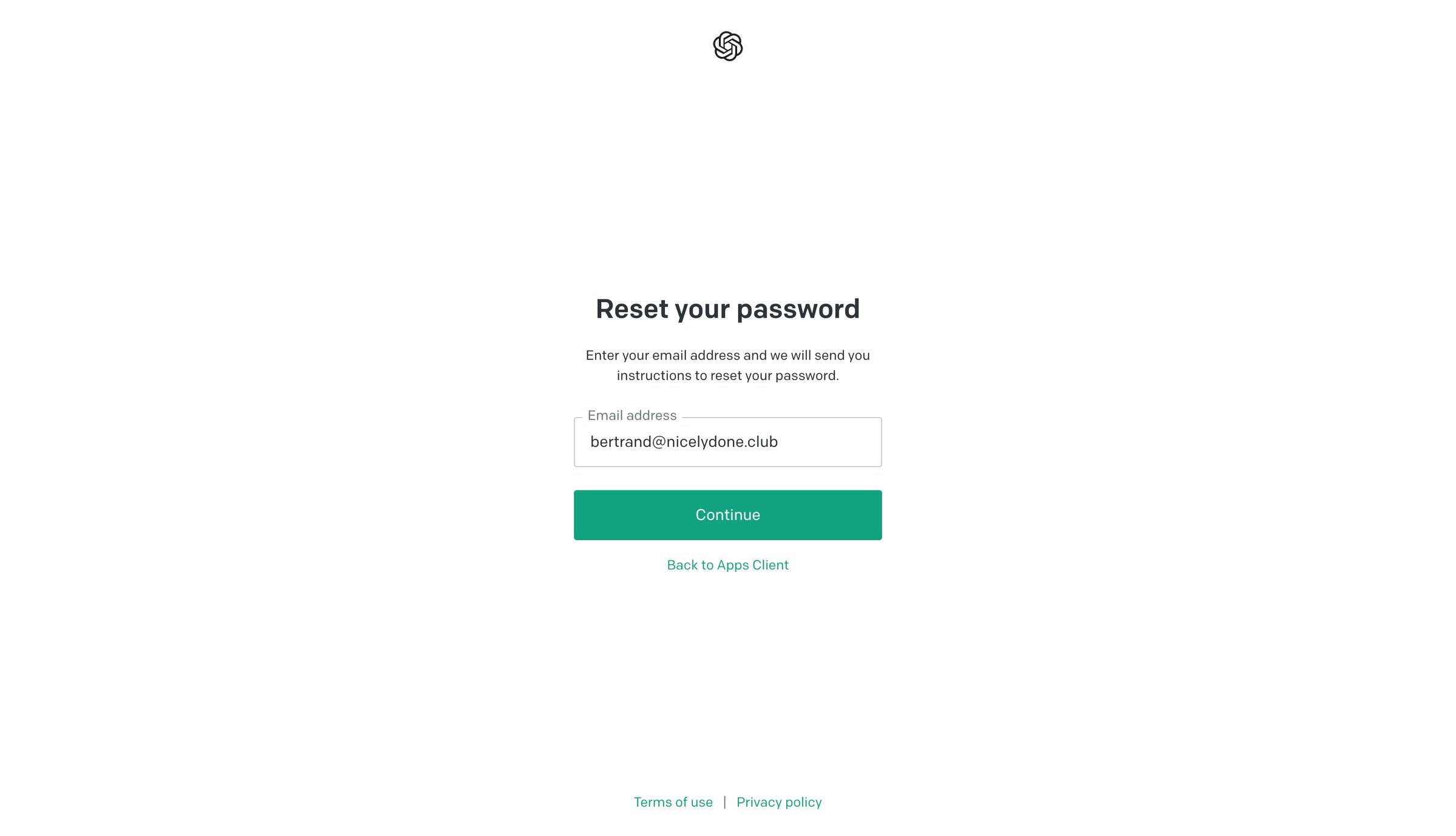 OpenAI - httpsauth0.openai.comureset-passwordrequestUsername-Password-Auth screen
