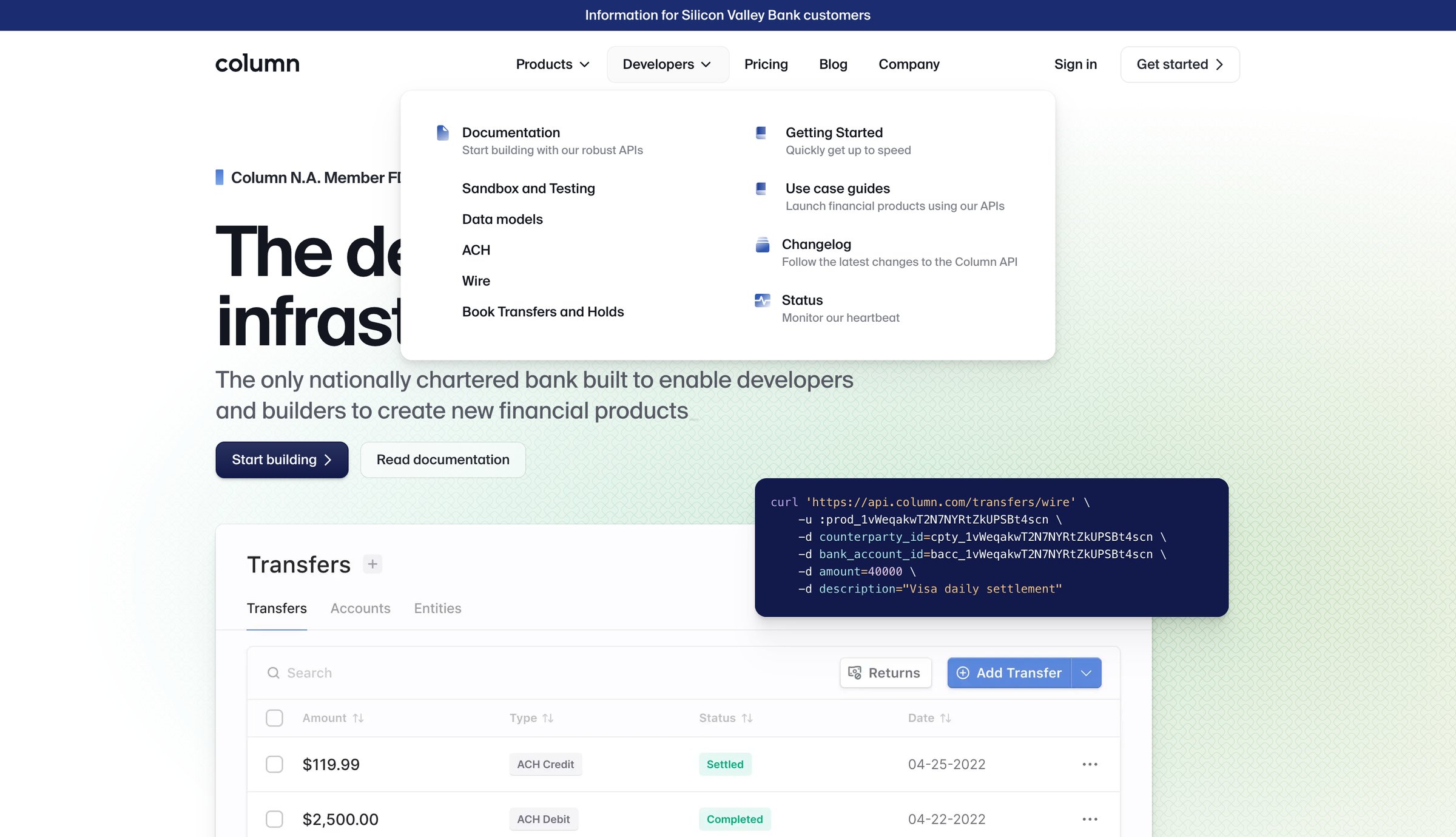 Column - Column — The developer infrastructure bank screen