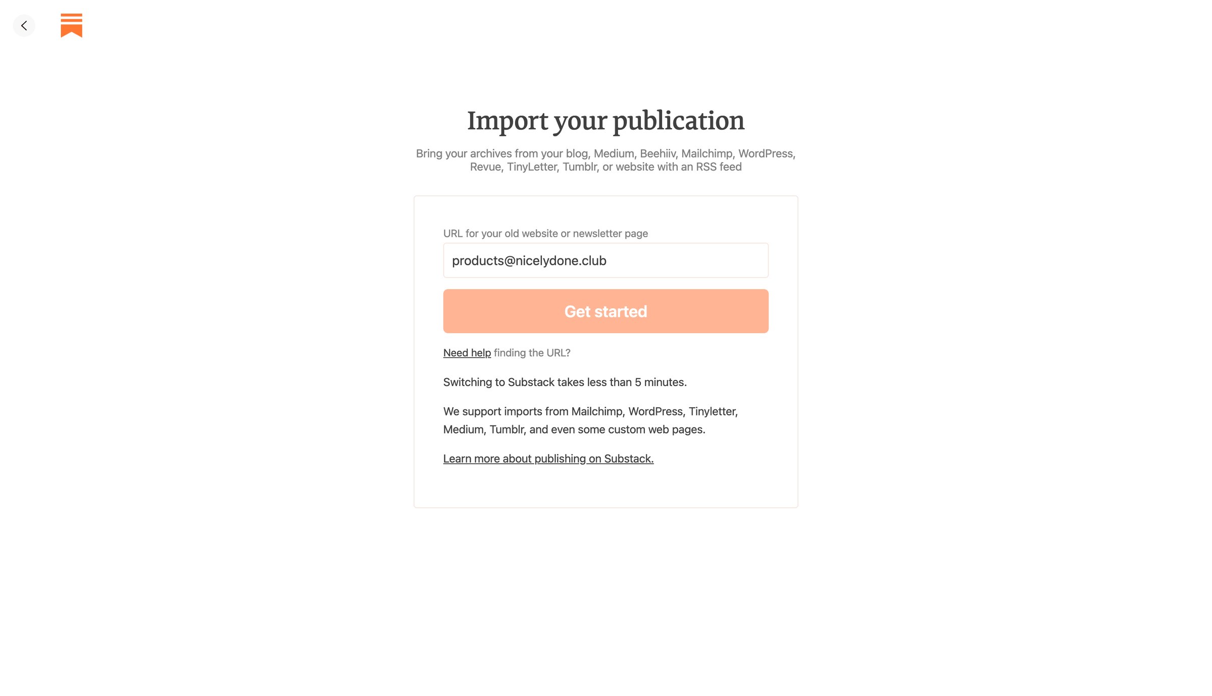 Substack - Import your publication screen