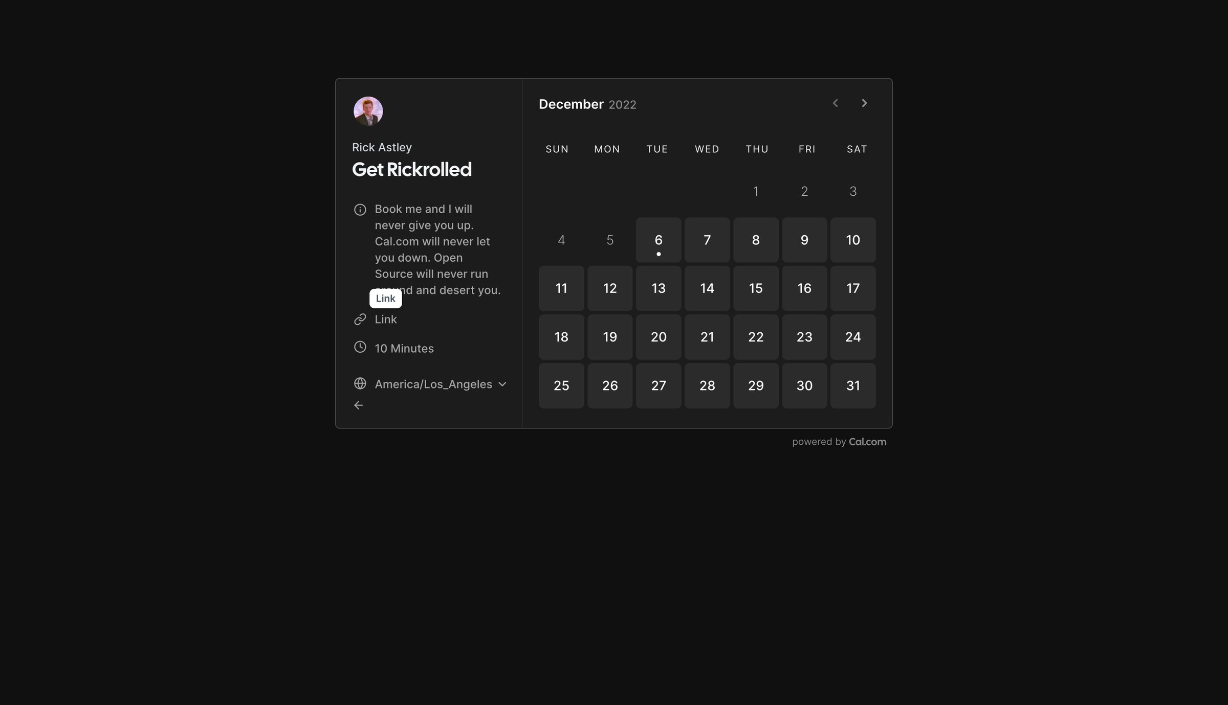 Cal.com - Get Rickrolled | Rick Astley Cal.com screen