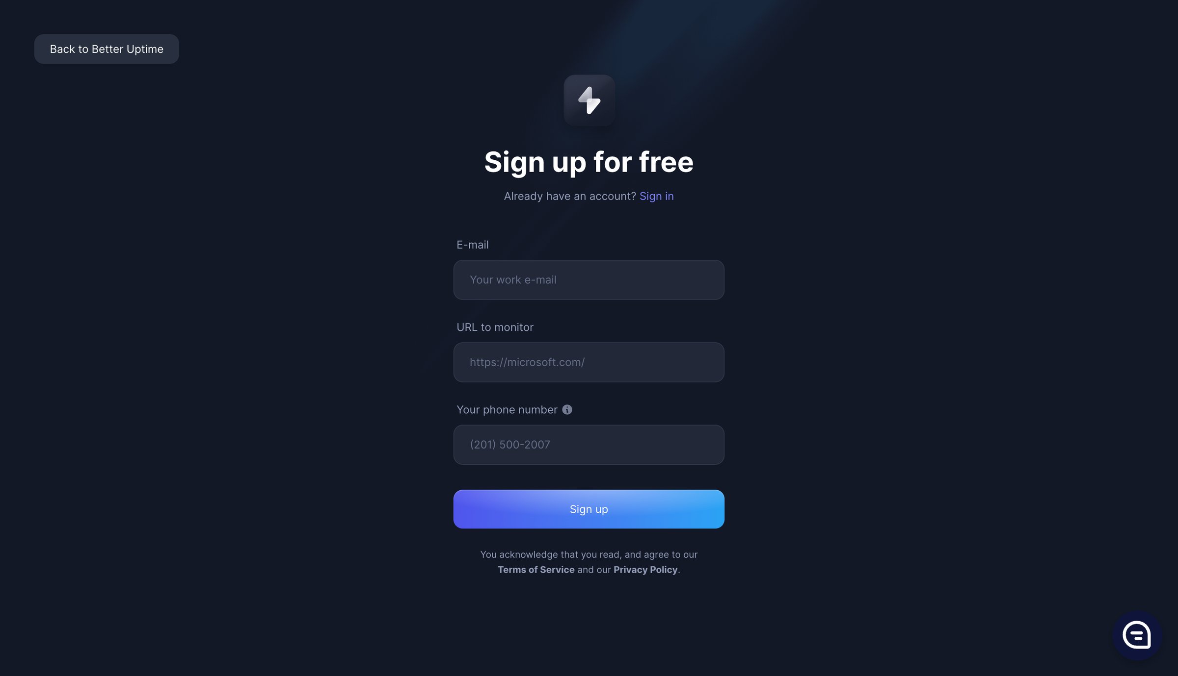 Better Stack - Sign up | Better Uptime screen