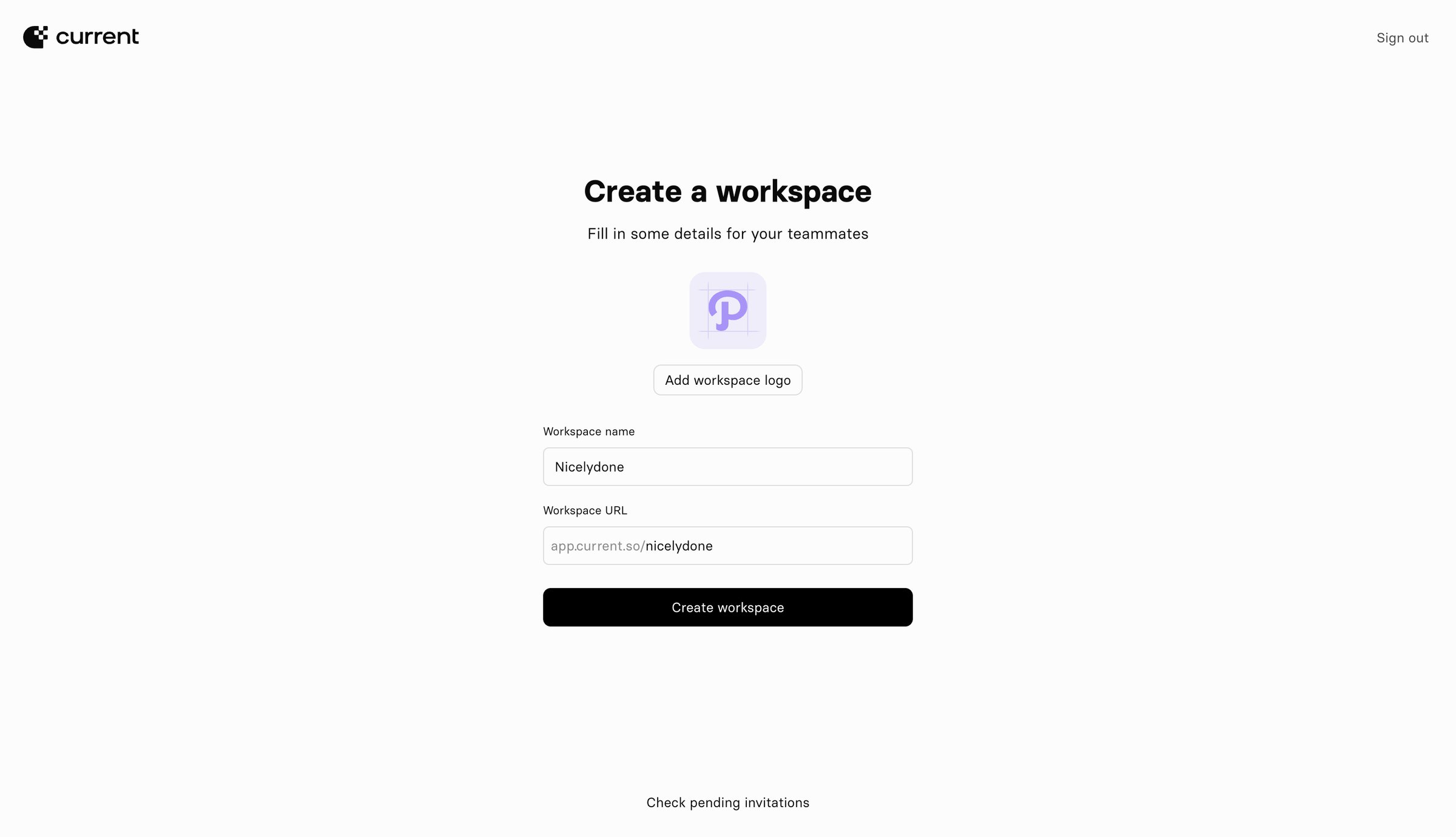 Current - Current — Create Workspace screen
