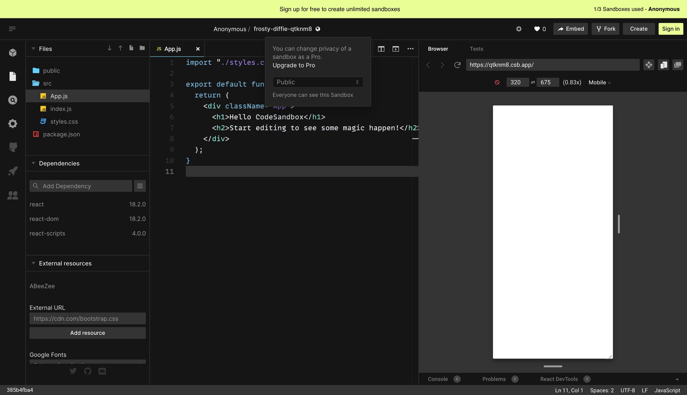 CodeSandbox - frosty-diffie-qtknm8 - CodeSandbox screen