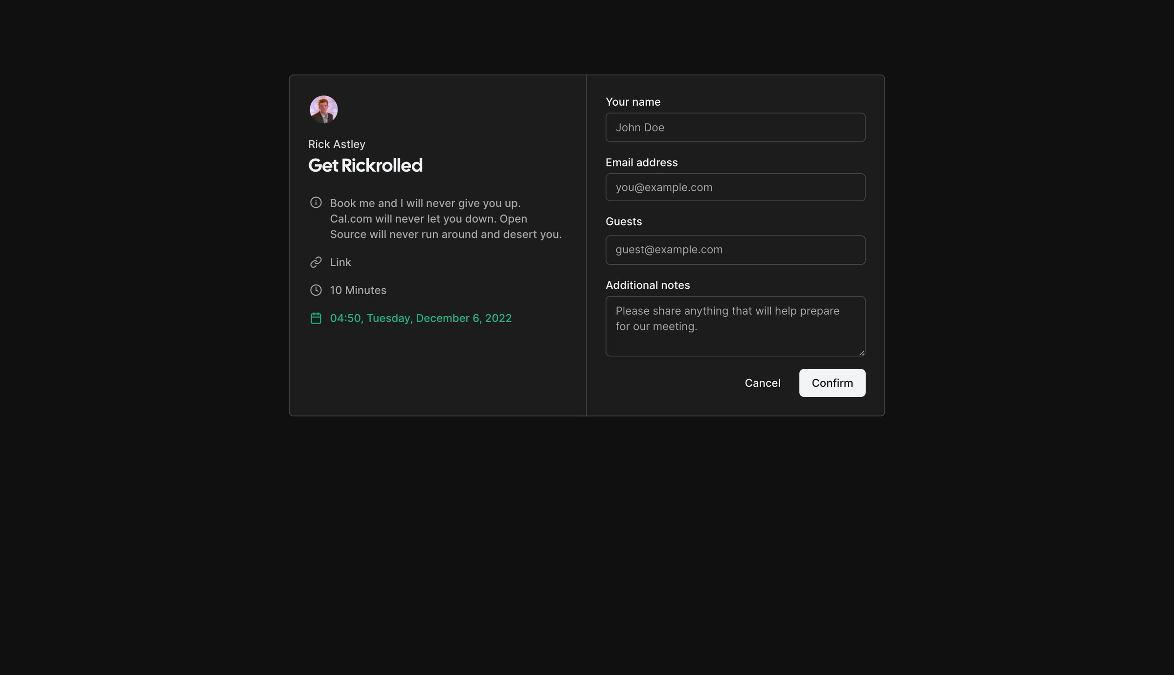 Cal.com - Confirm your Get Rickrolled with Rick Astley | Cal.com screen