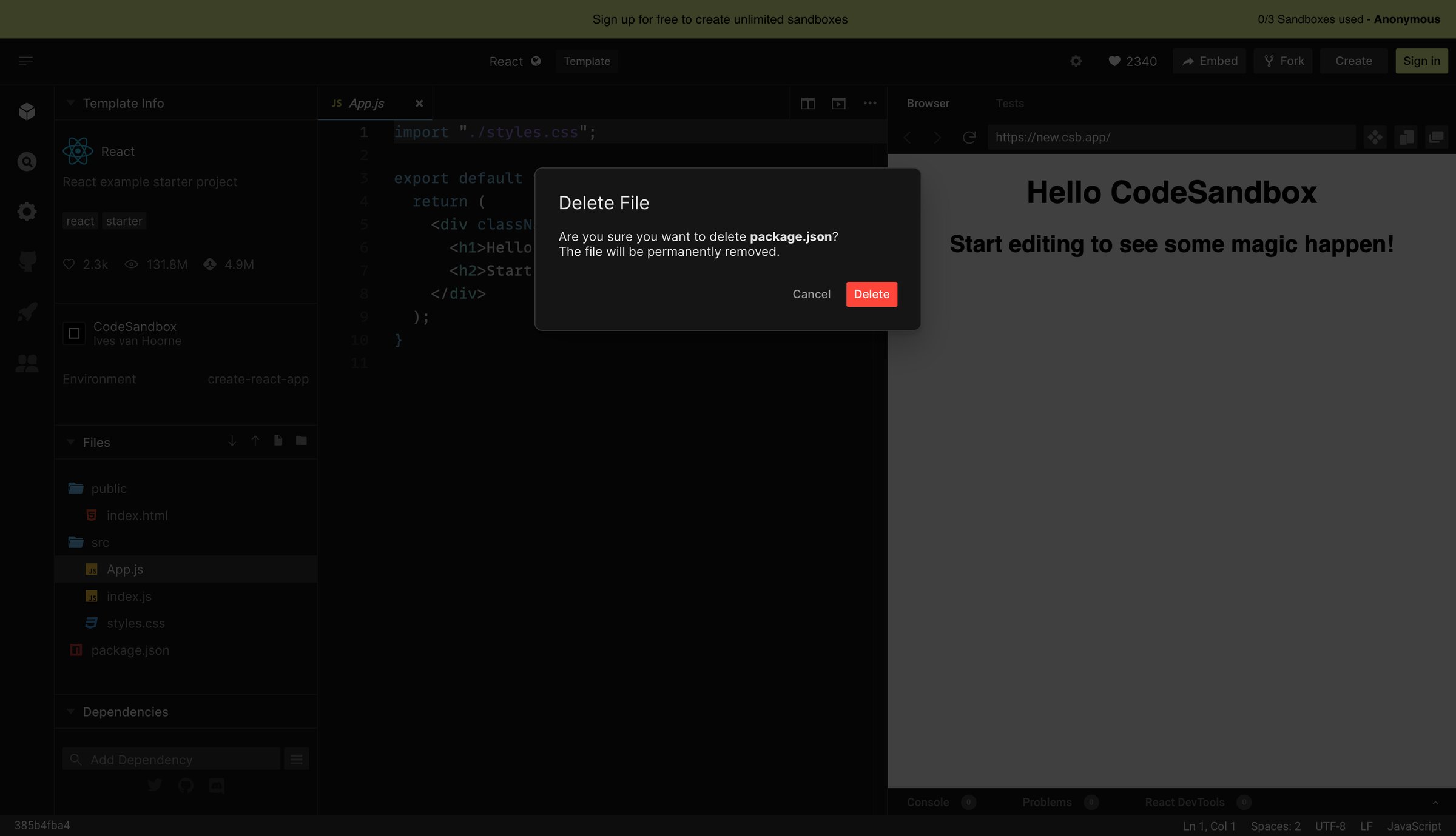 CodeSandbox - React - CodeSandbox screen