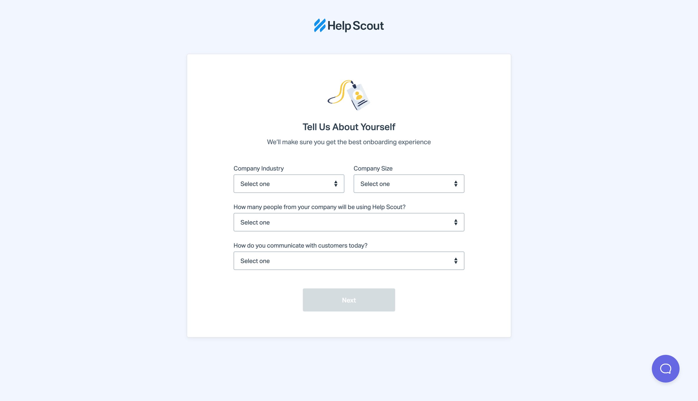Help Scout - Tell Us About Yourself screen