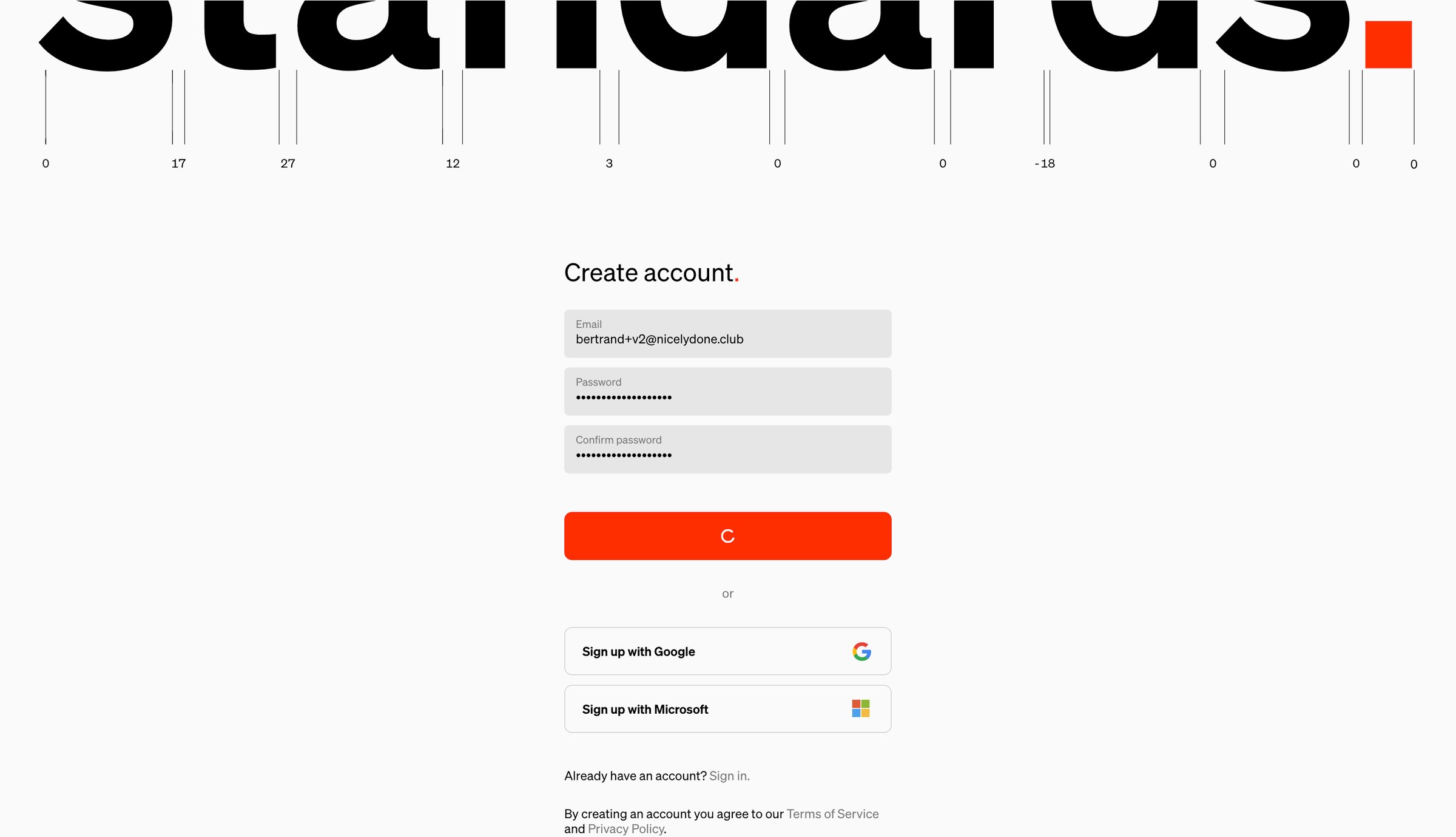 Standards - Standards - Create Account screen