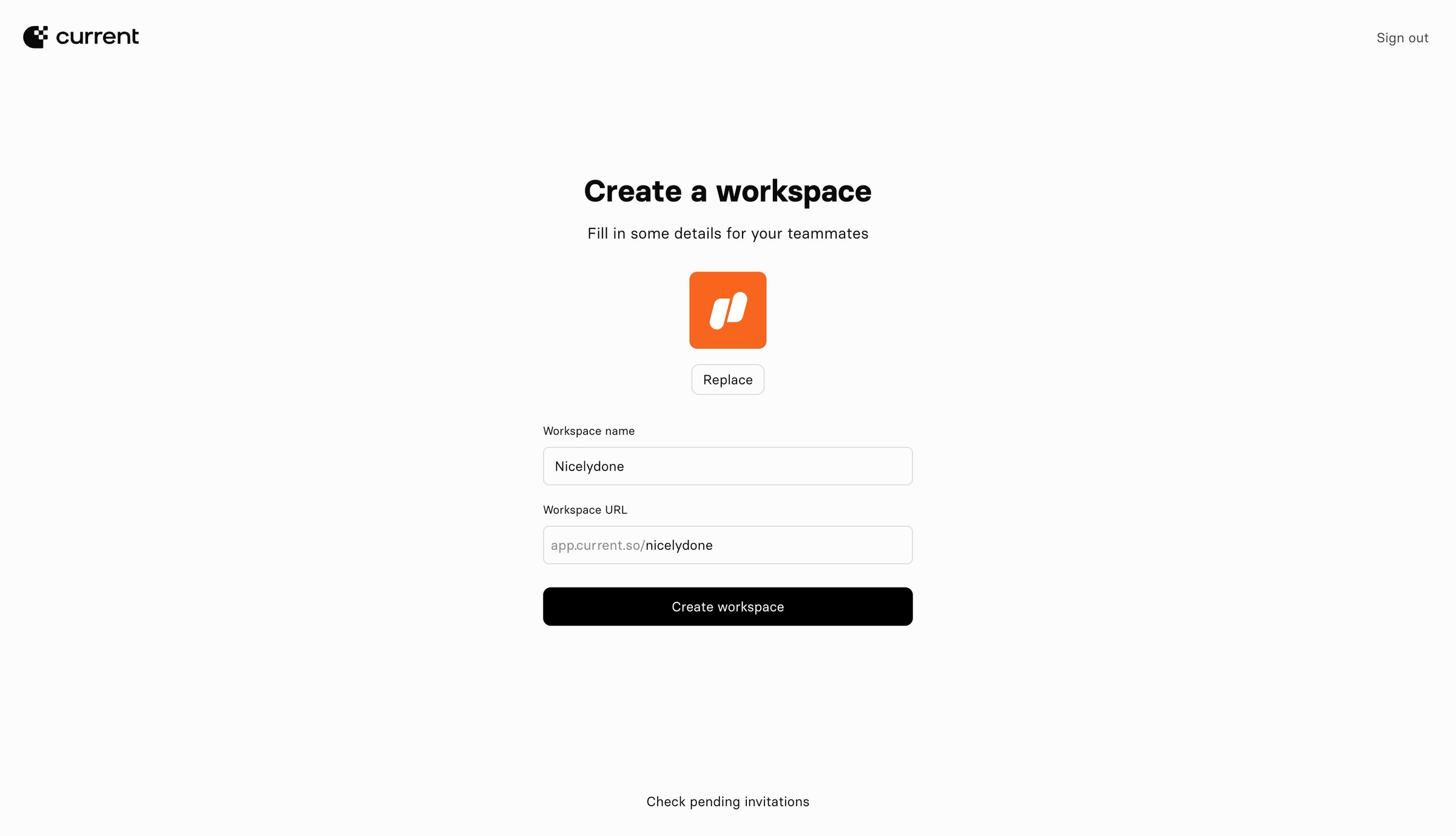 Current - Current — Create Workspace screen