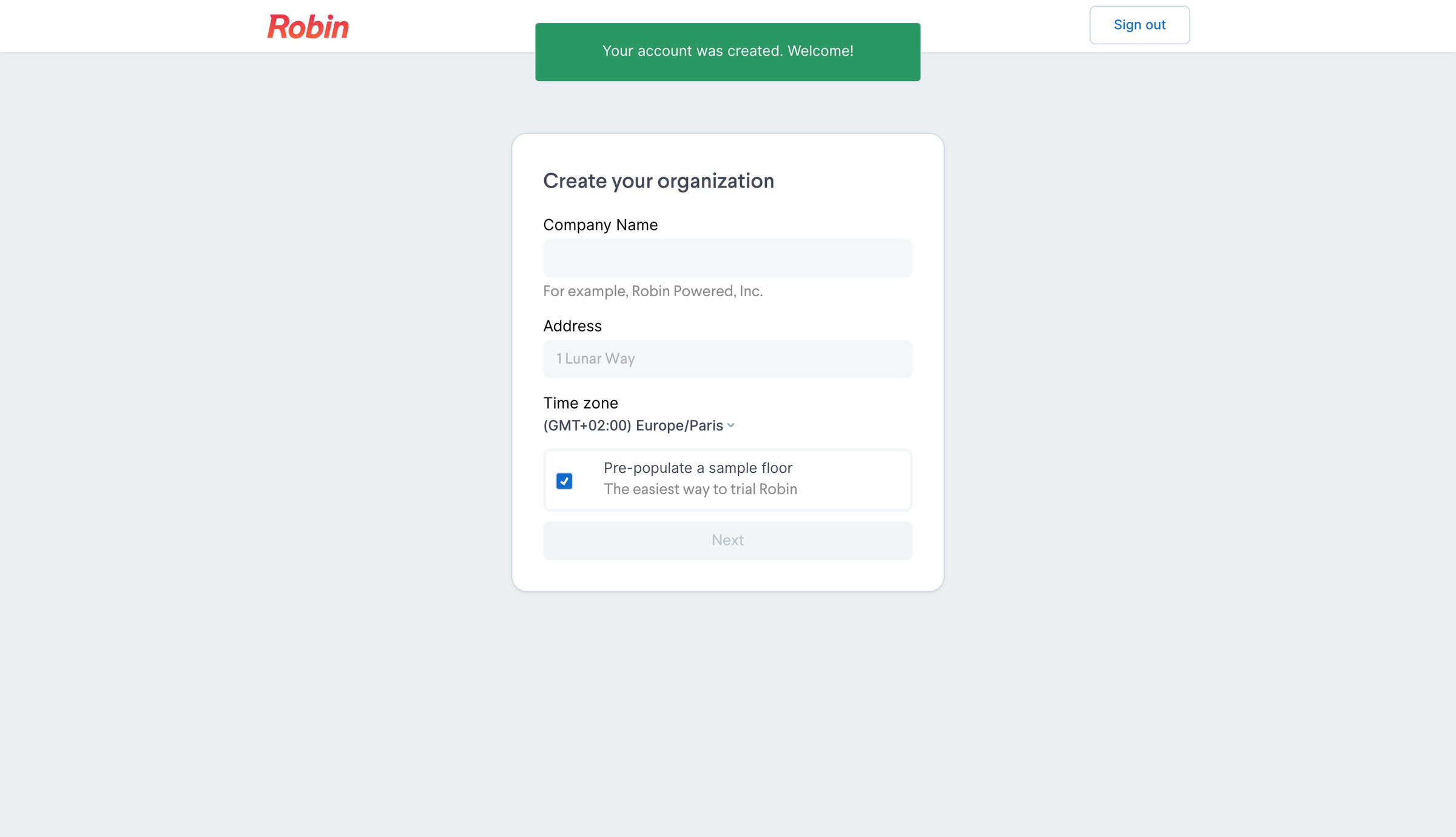 Robin - Create an organization - Robin screen