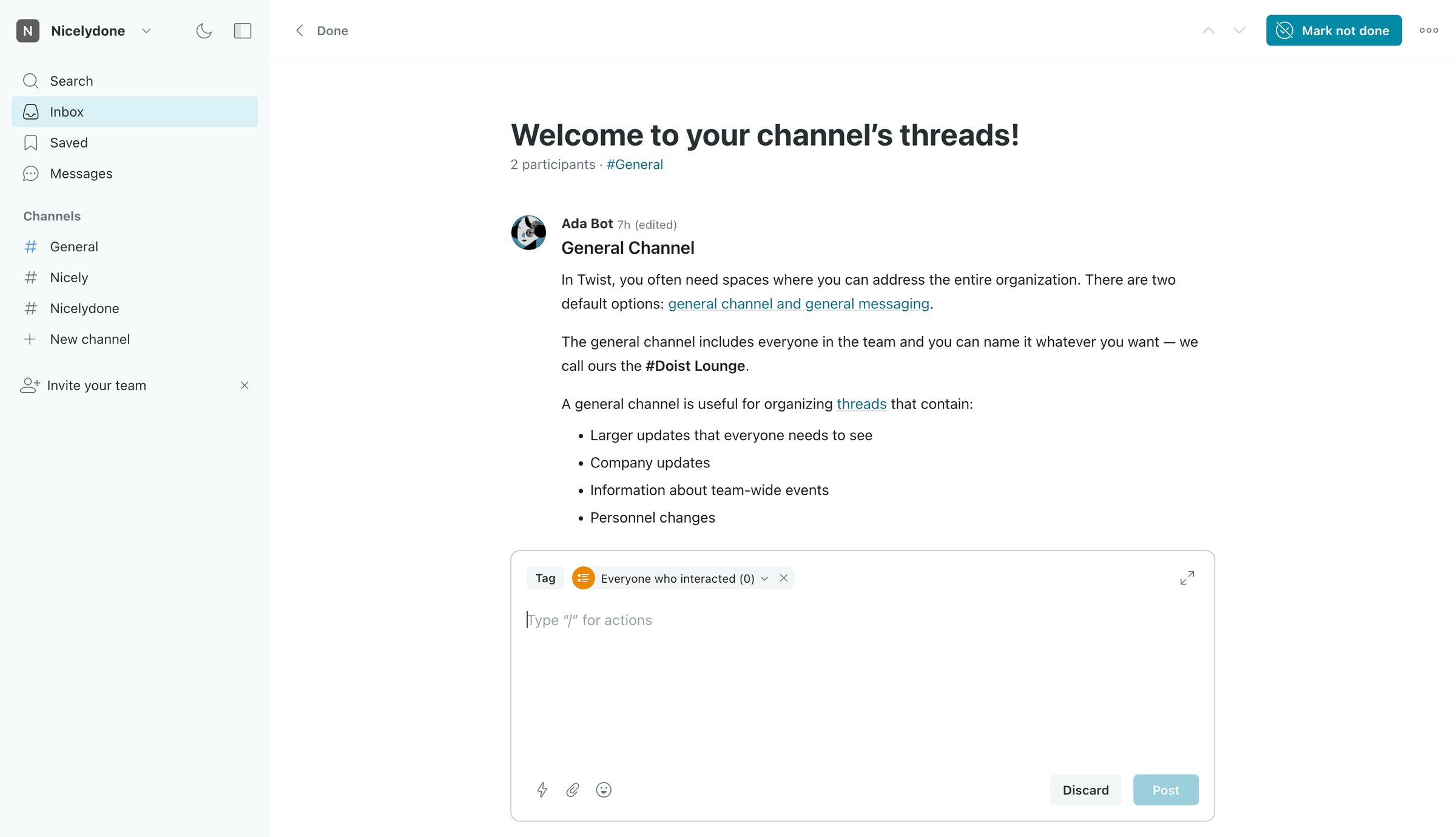 Welcome to your channel’s threads! · Nicelydone from Twist