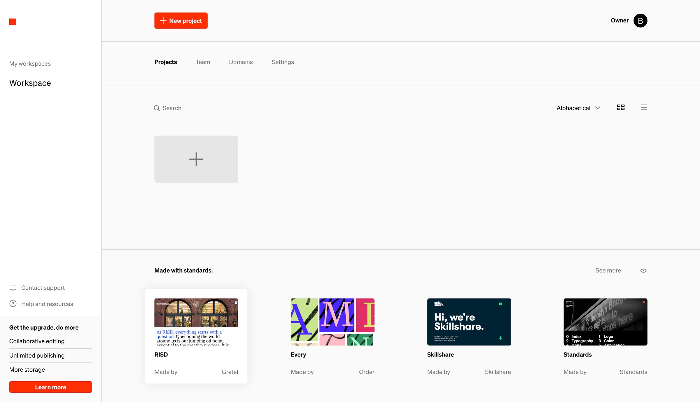 Standards - Standards - Projects screen