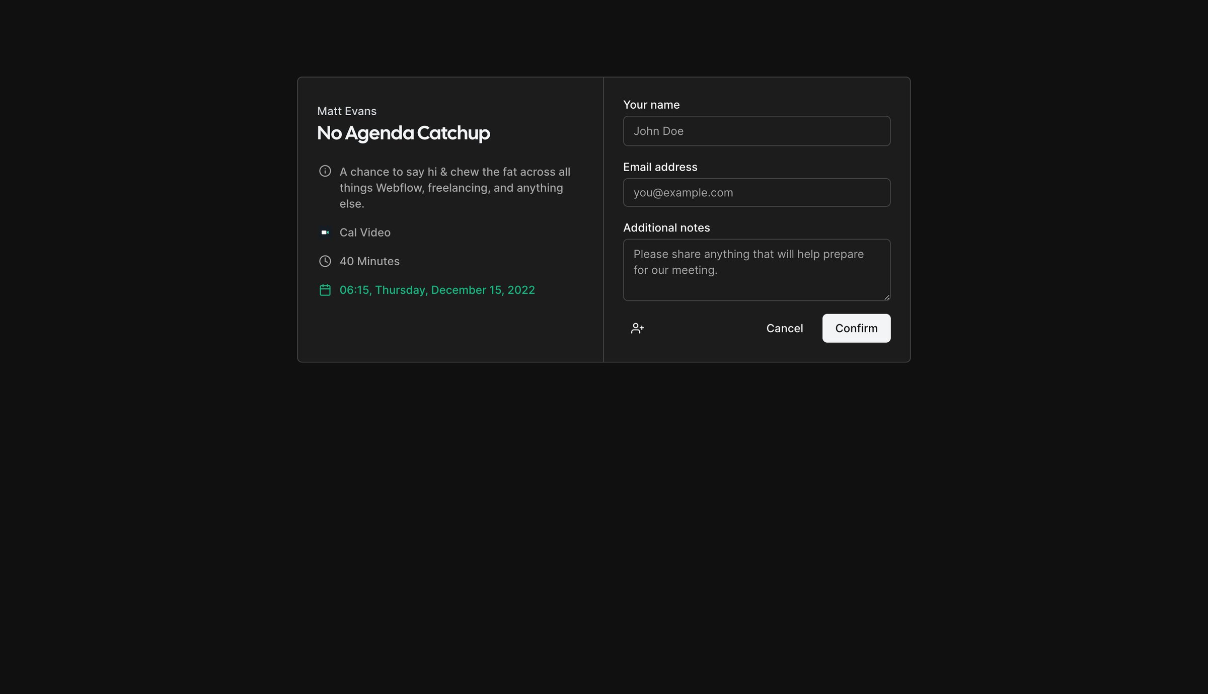 Cal.com - Confirm your No Agenda Catchup with Matt Evans | Cal.com screen