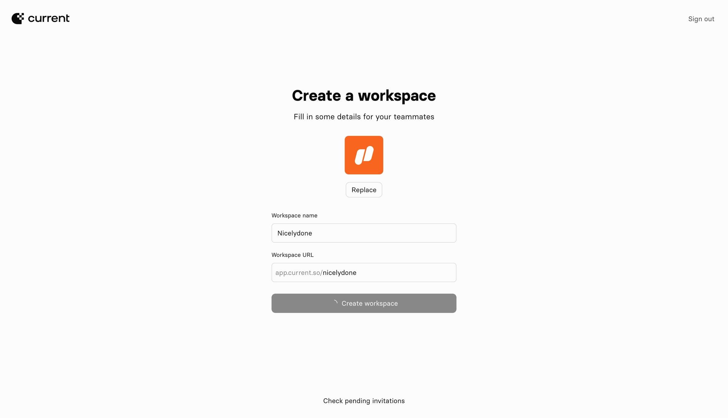 Current - Current — Create Workspace screen