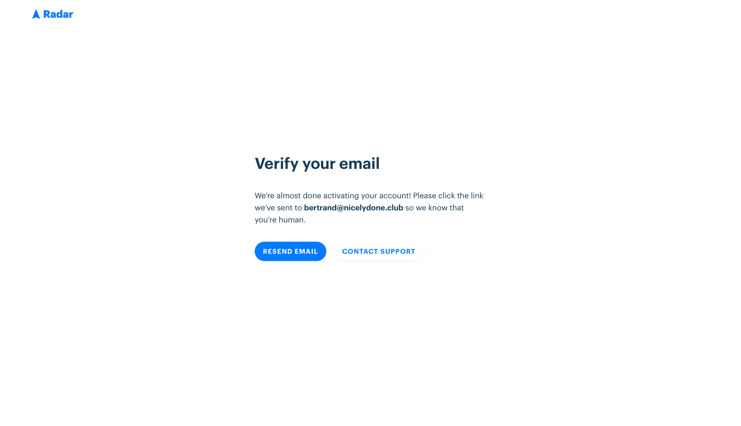 Radar - Confirm Email | Radar screen
