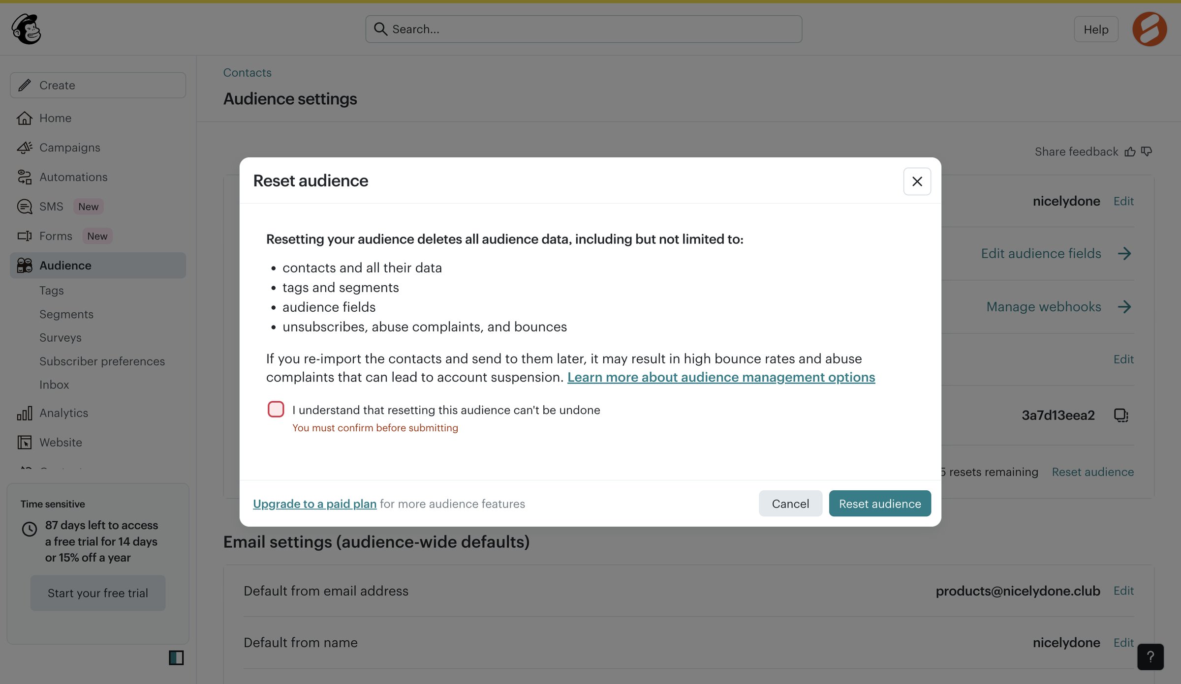 Mailchimp - Audience settings | Mailchimp screen